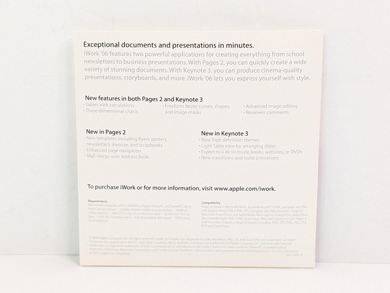 Apple iWork ’06 Create Present Publish W/Style Trial Version 2.0.1 1Z691-5845-A