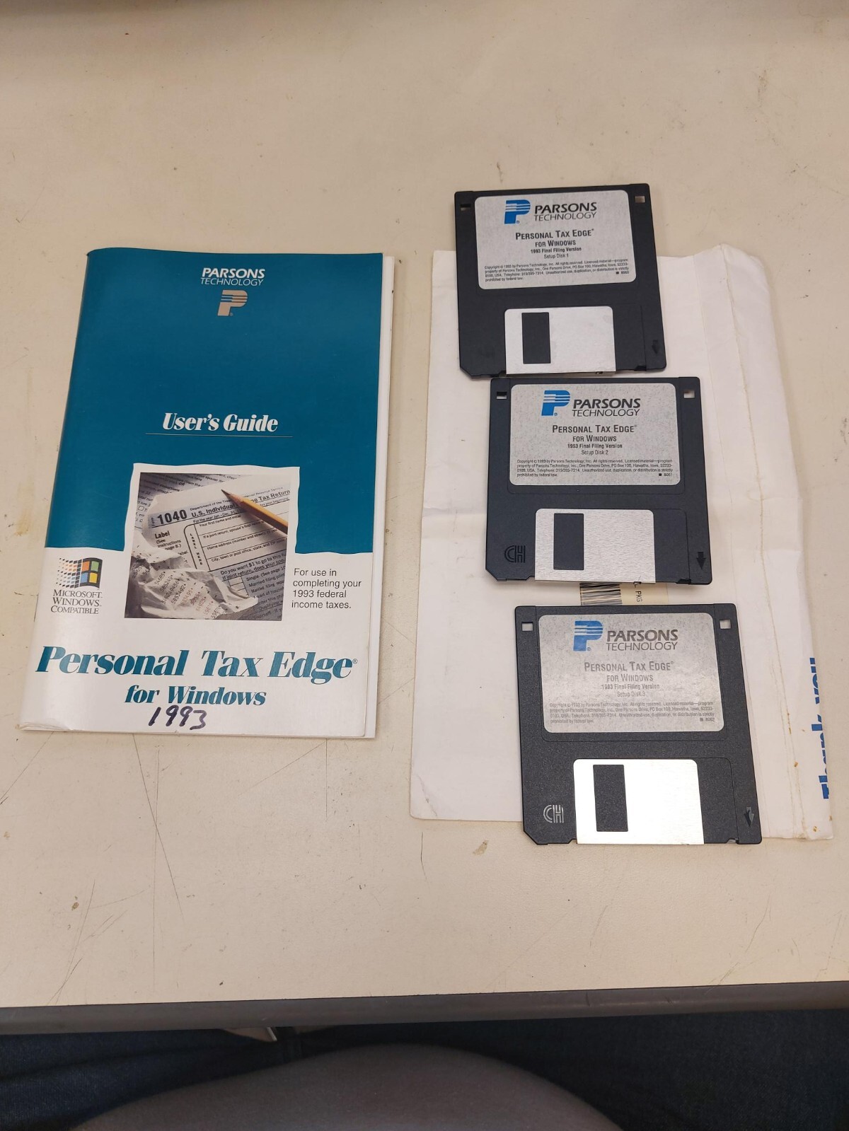 Vintage 1992 + 1993 Parsons Personal Tax Edge software 3.5″ diskettes + manuals