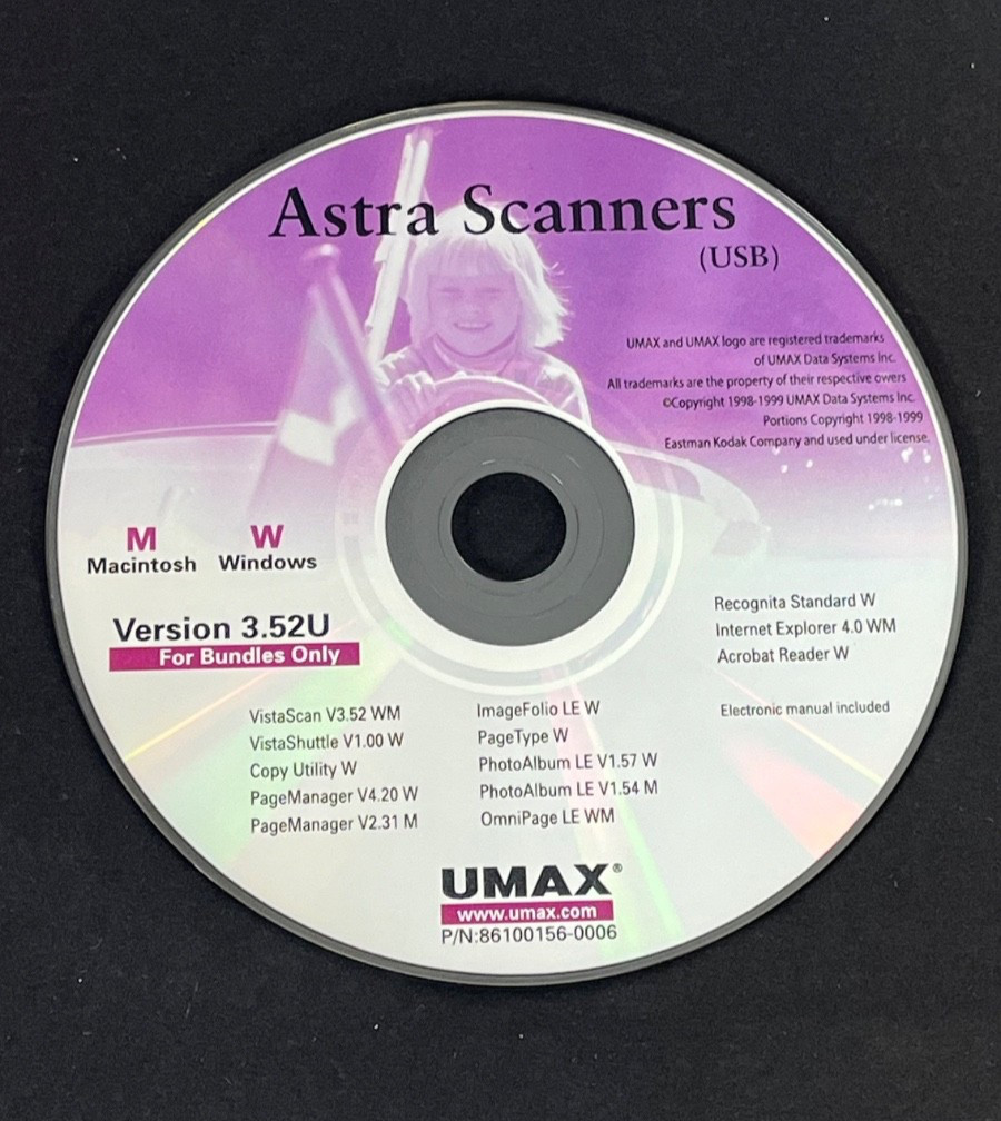 Astra Scanners USB PC CD Rom Software Macintosh Windows Version 3.52U (Purple)