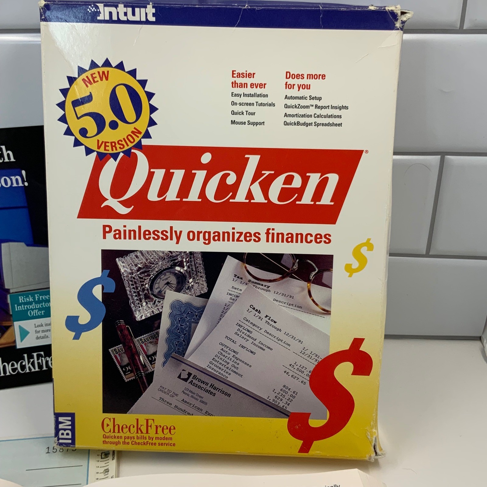 Vintage Intuit Quicken 5.0 IBM DOS Software Big Box 1991 Manual CheckFre No Disc