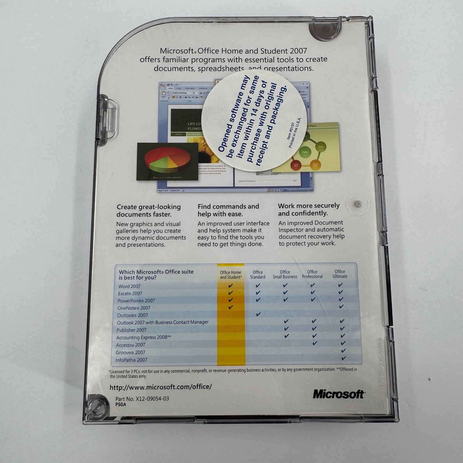 Microsoft Office Home and Student 2007 PC Windows Retail Box Product Key Disc