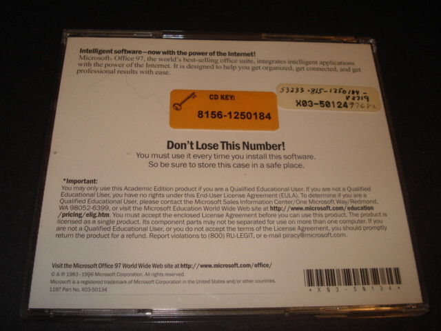 MICROSOFT OFFICE ’97 PROFESSIONAL EDITION CD ROM FOR PC W/ CD KEY