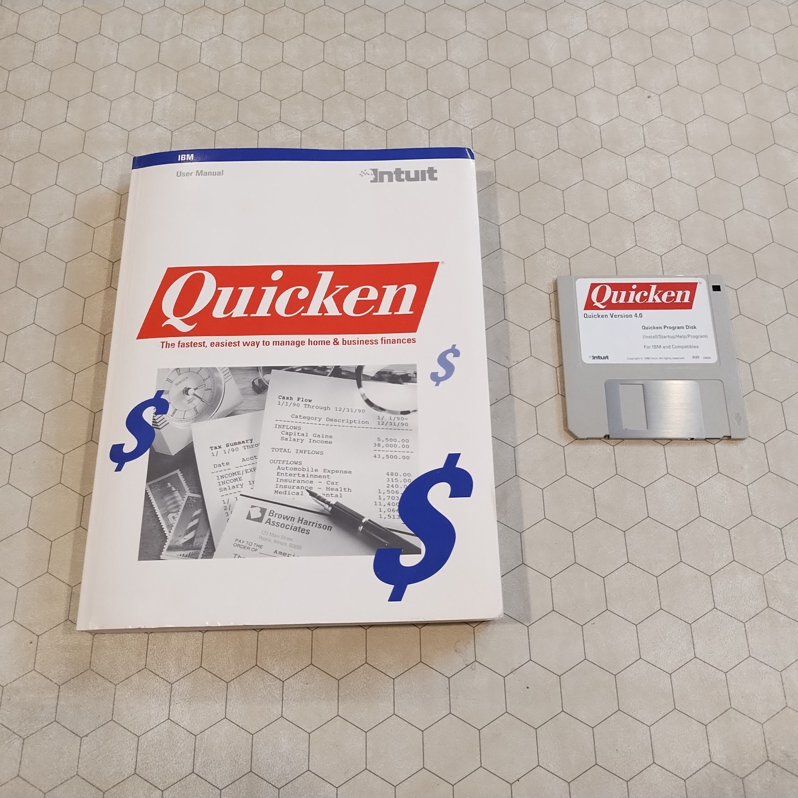 Intuit Quicken 4.0 manual, IBM/PC, 3.5″ floppy disk, 1990 2nd printing