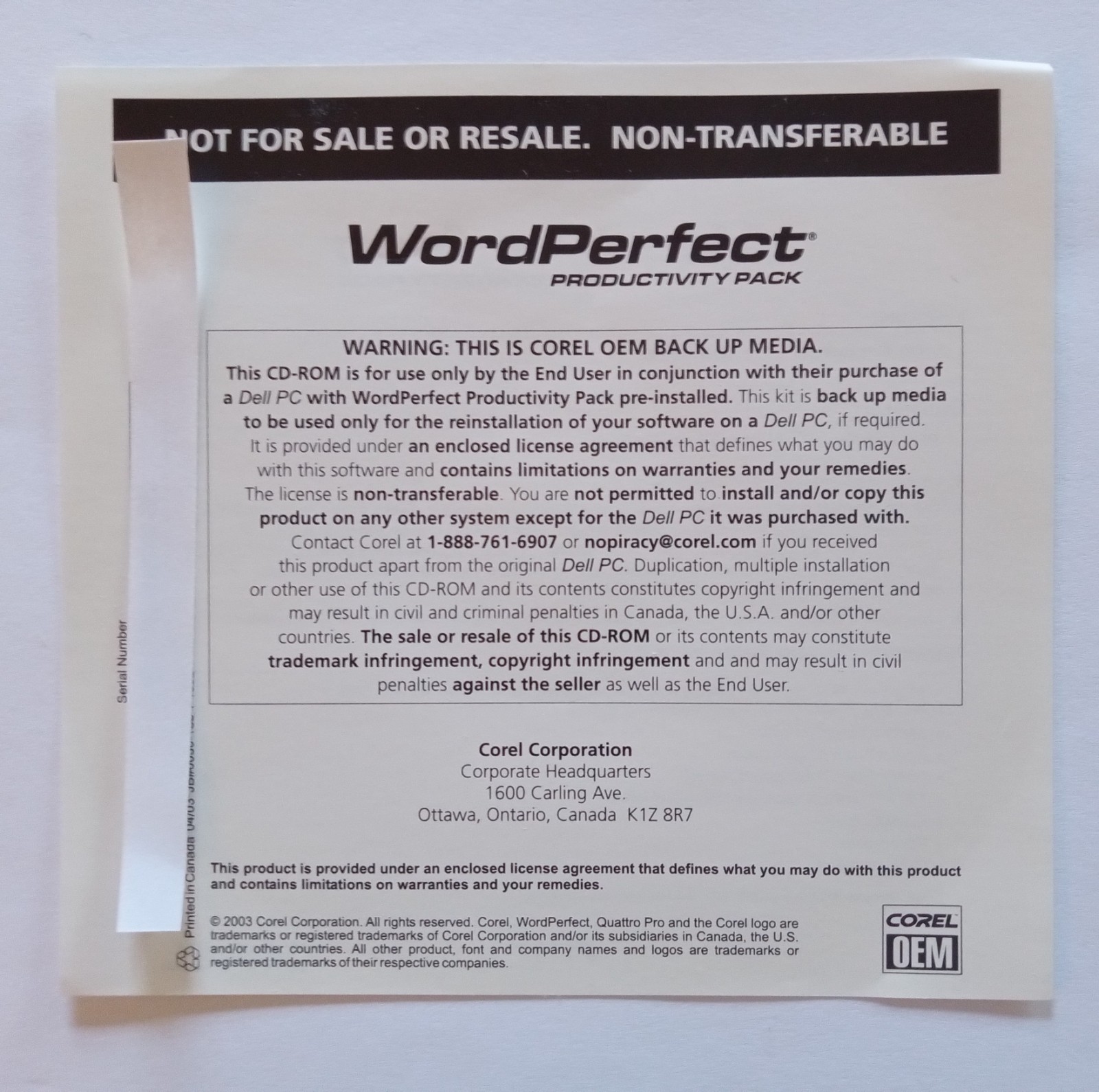 Corel OEM WordPerfect Productivity Pack for Windows CD-ROM (2003) w/Install Key.