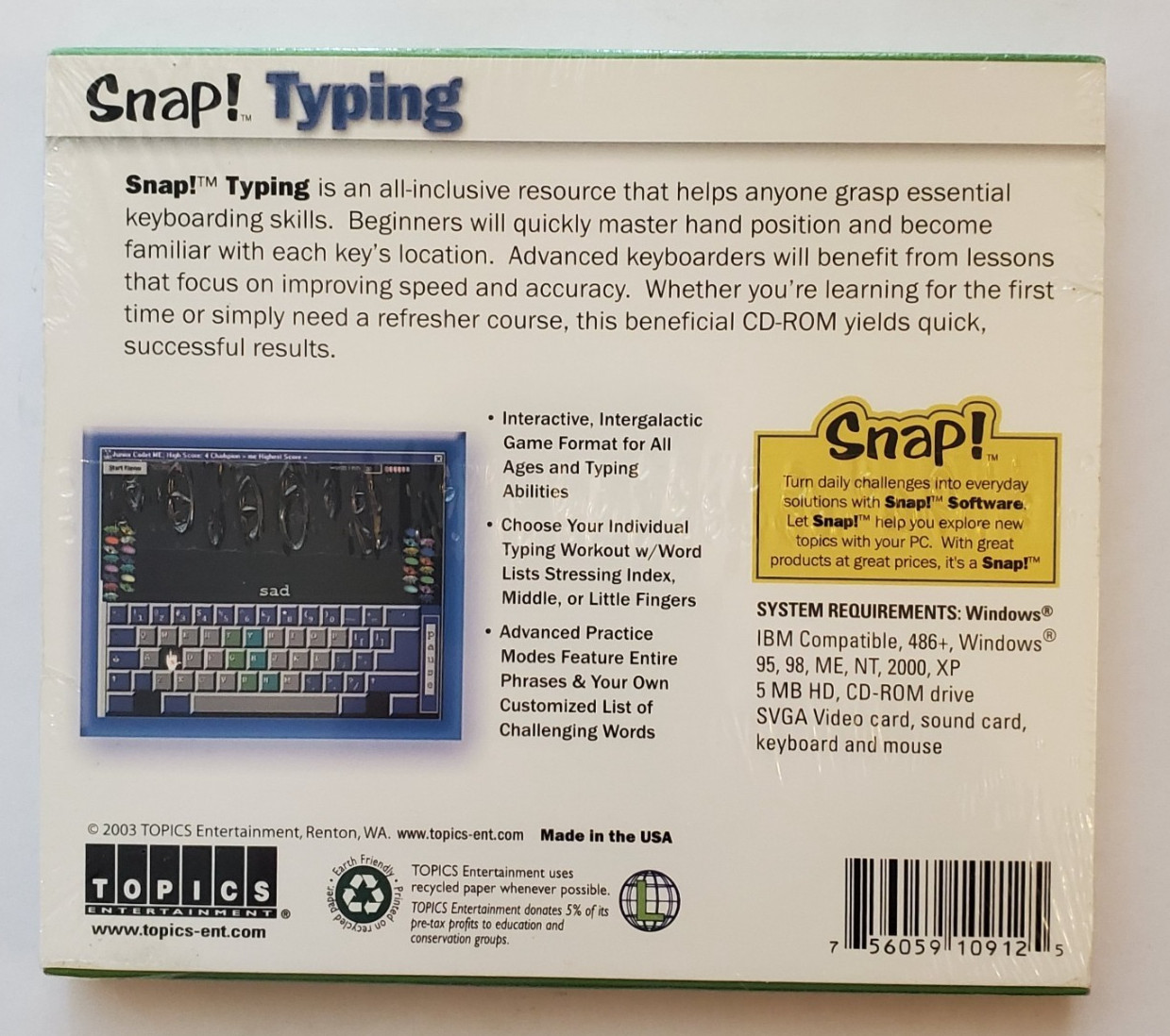 Snap! Typing Software for Windows PC 95/98/ME/NT/2000/XP, New See Description