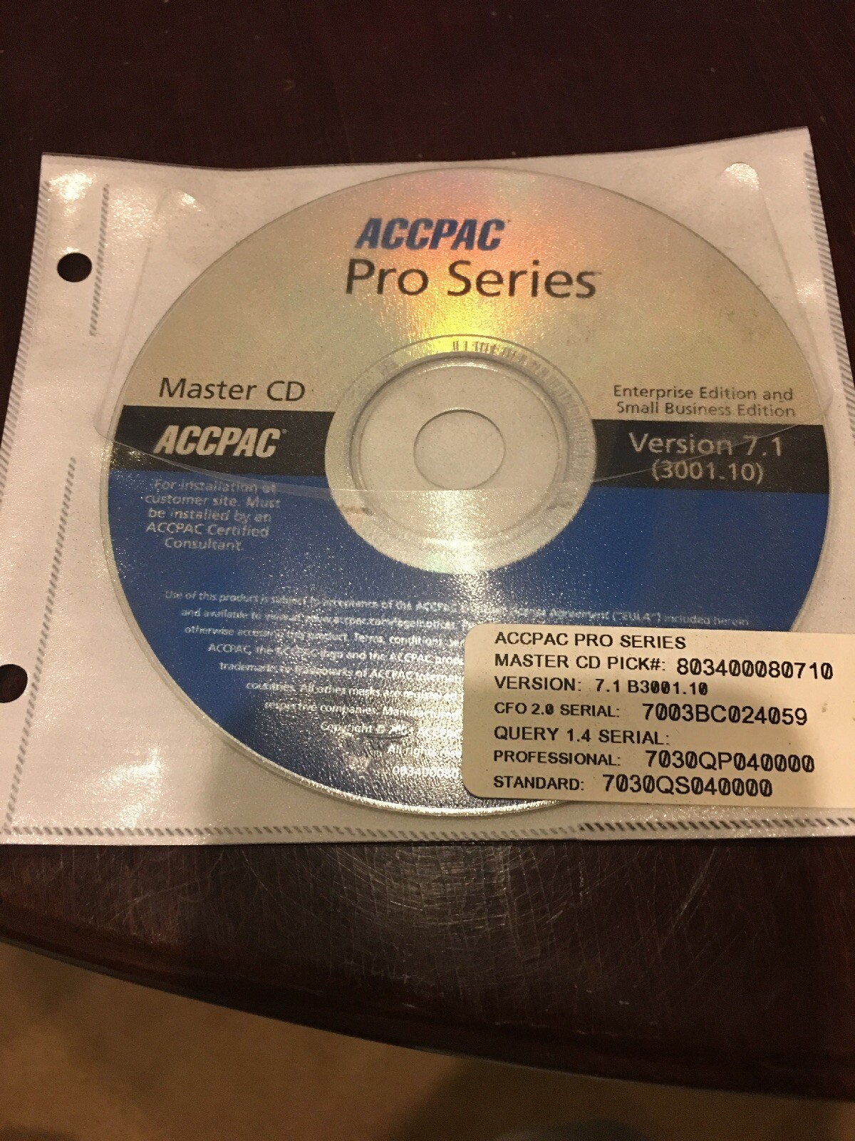ERP NEVER USED ACCPAC PRO SERIES MASTER CD V7.1. Enterprise, Professional, SB.