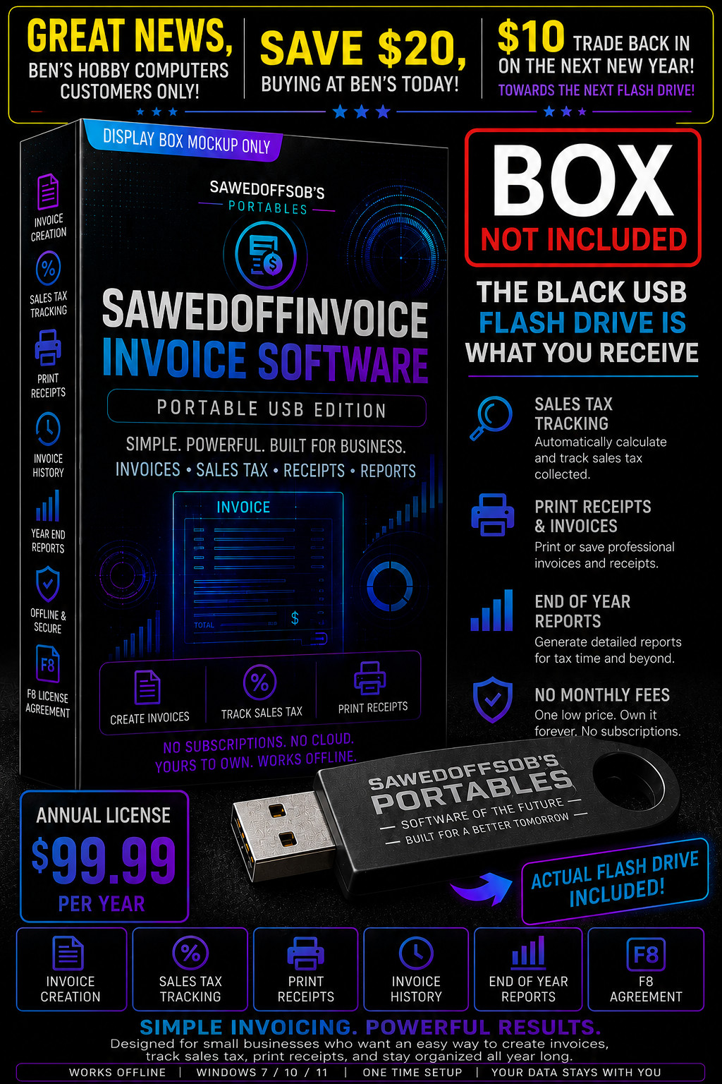 SawedoffInvoices Small Business Billing App USB PC – 1 Year – Win 7 10 11