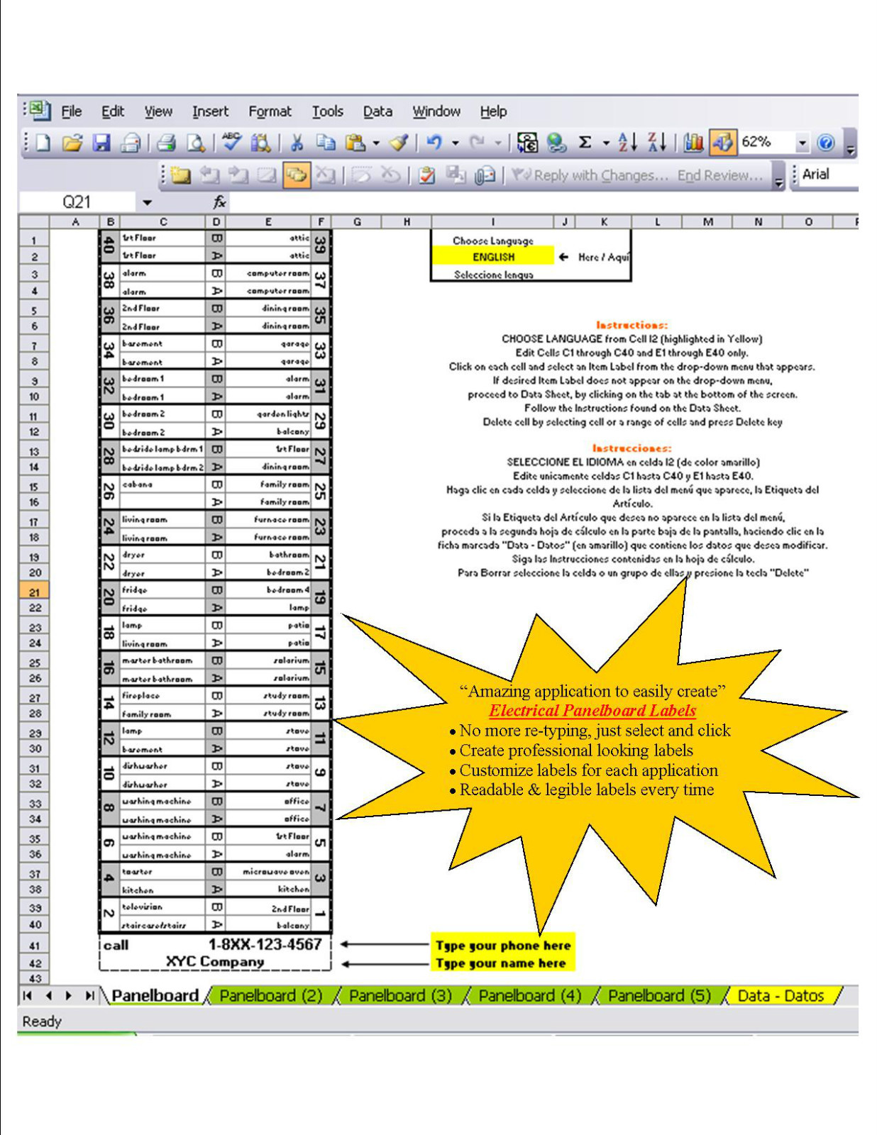 Electric BREAKER PANEL SWITCH Label SPREADSHEET Spanish English French