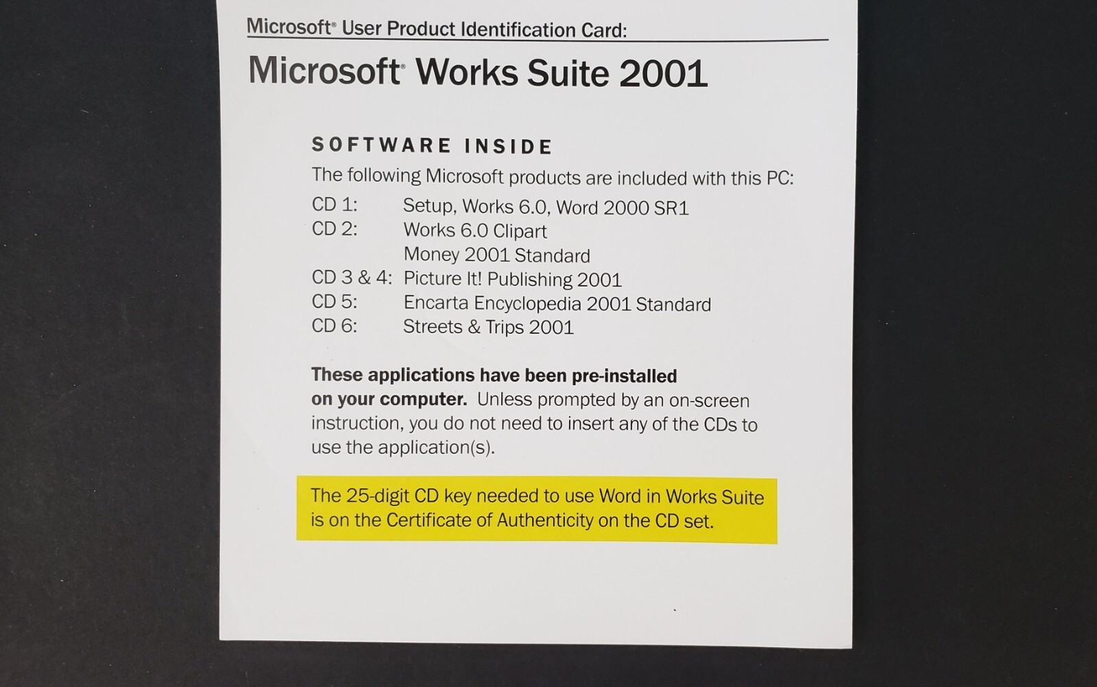 Microsoft Works Suite 6.0 2001 – 6 CD Set with COA & Product Key