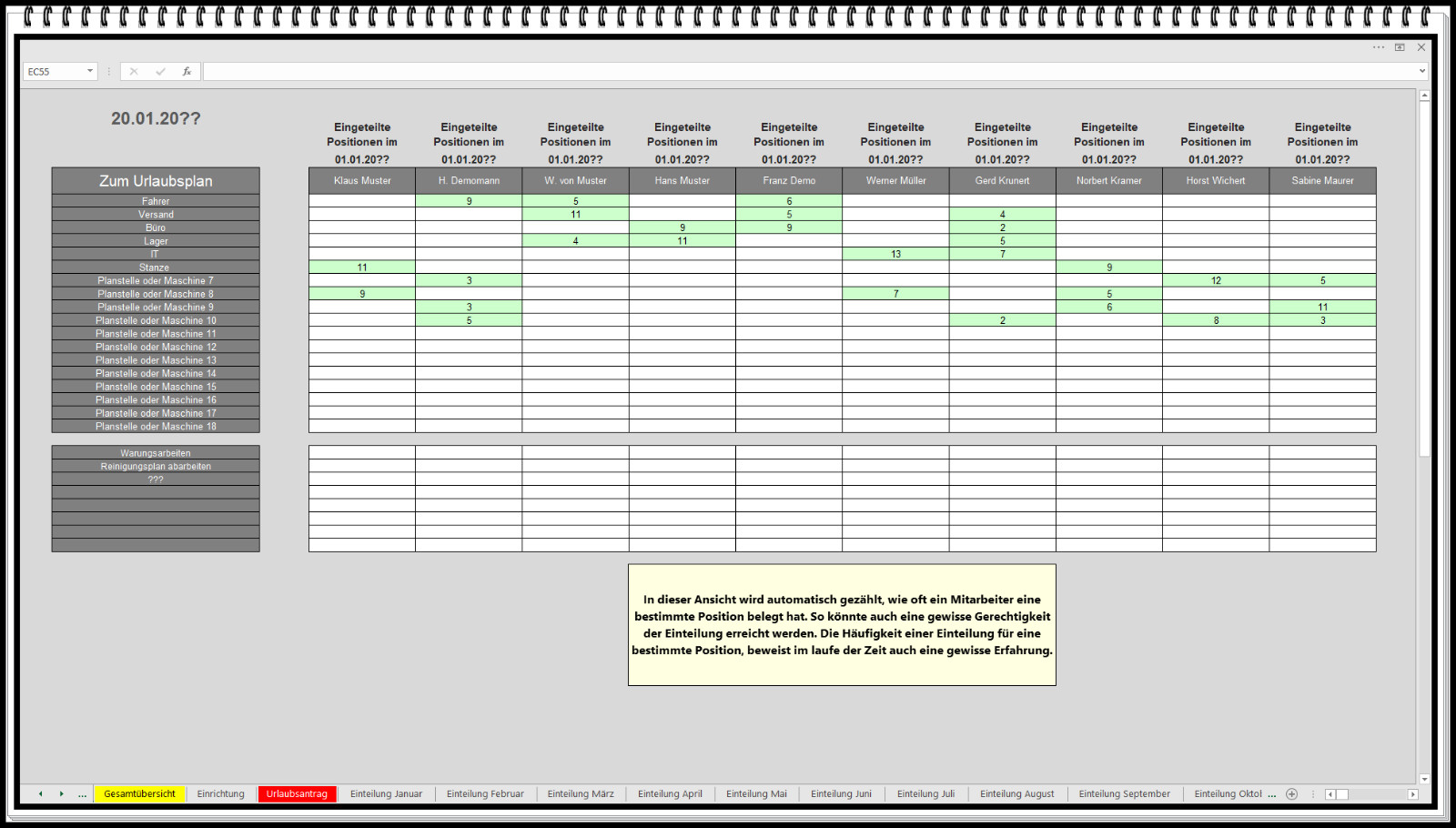 Personnel plan schedul occupancy plan machine occupancy holiday plan 2026 2027