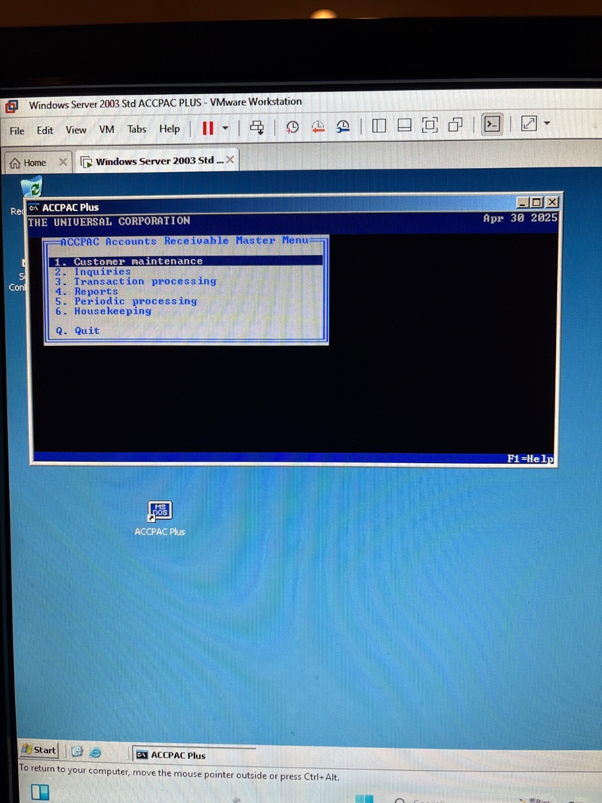 VM of functional unlocked Accpac Plus Accounting System. SM6.1 + modules