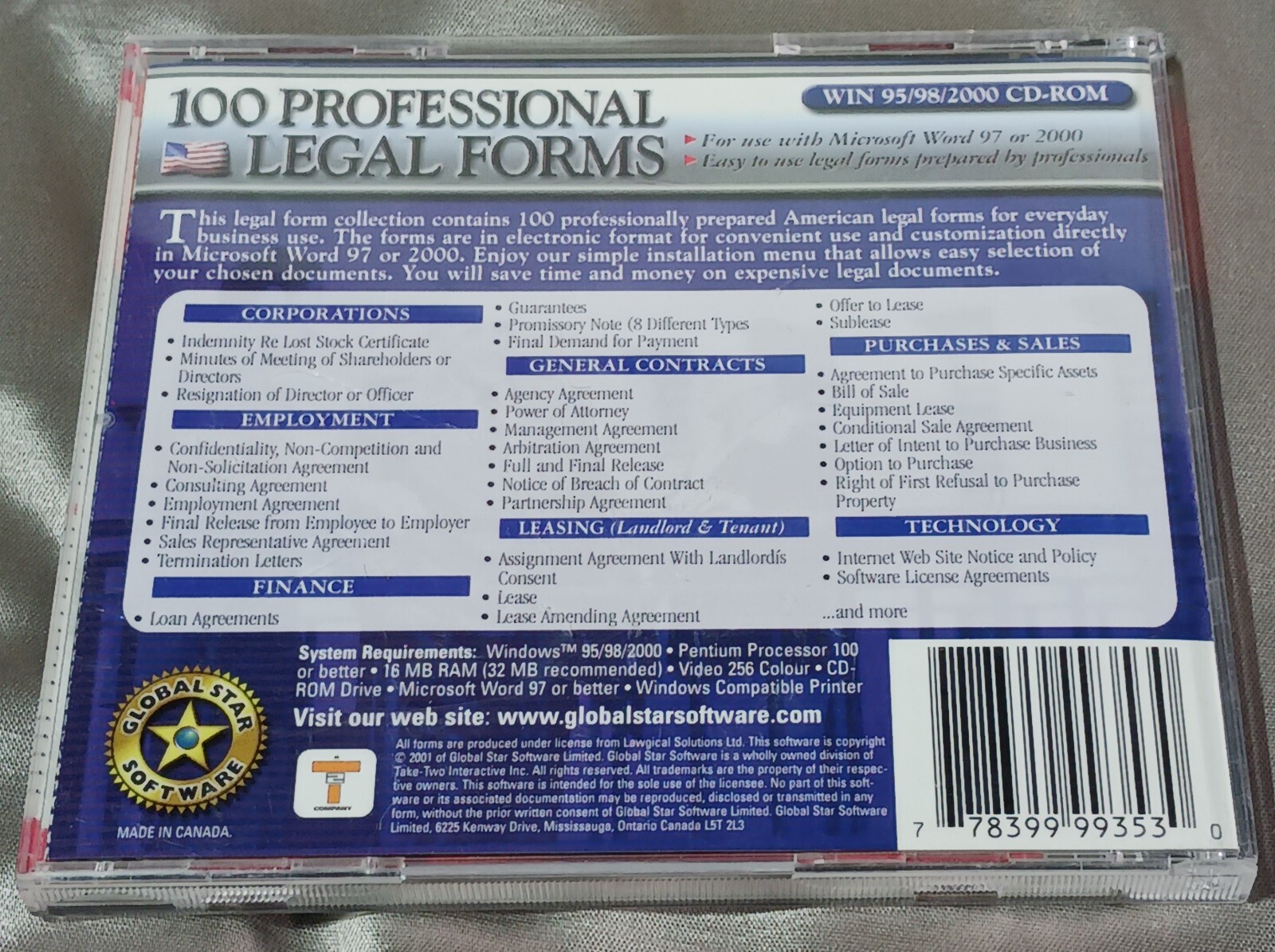 100 Professional Legal Forms For Business Use PC CD Pre-Owned 2001