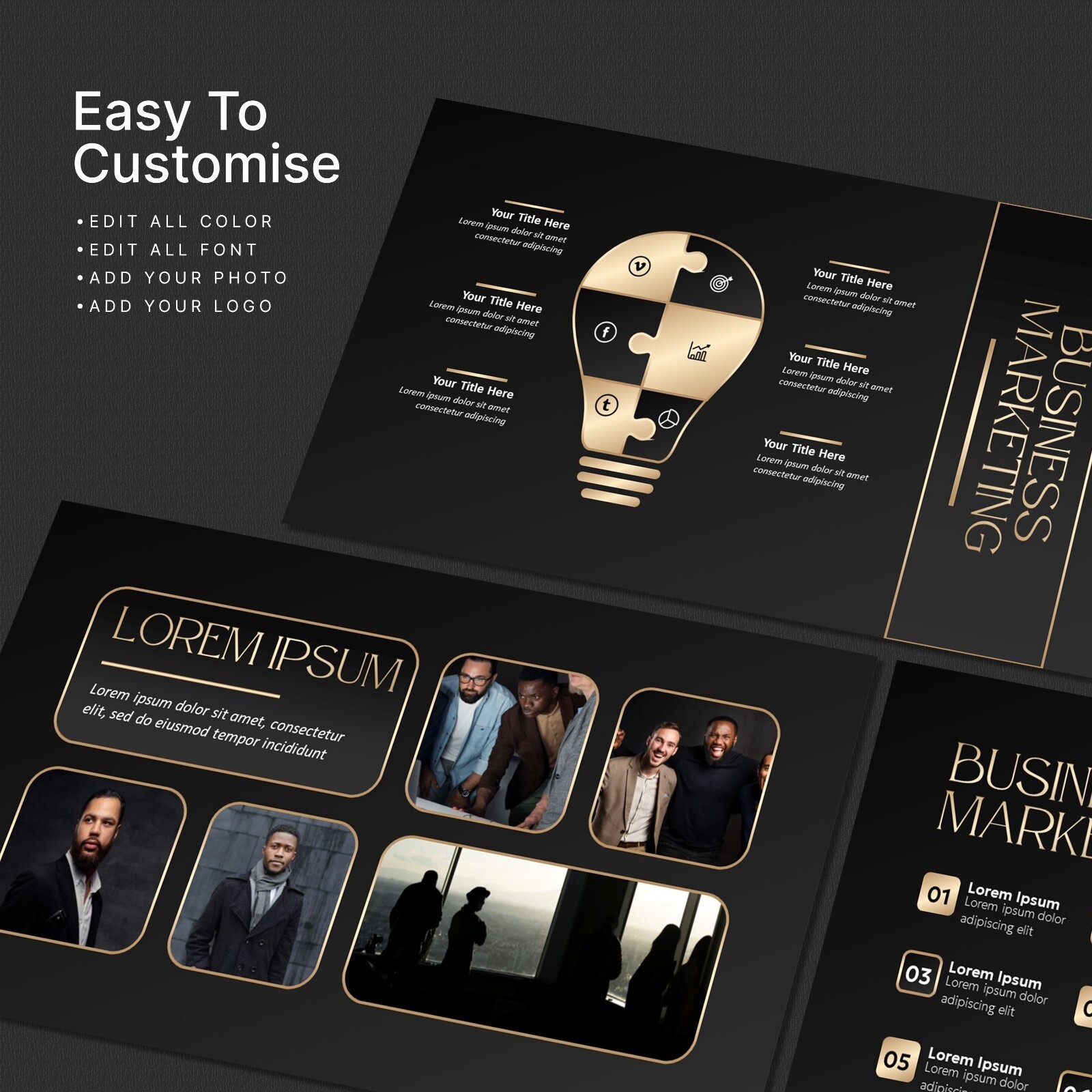 Luxury PowerPoint Template – Black and Gold PPT Design for Business Presentation