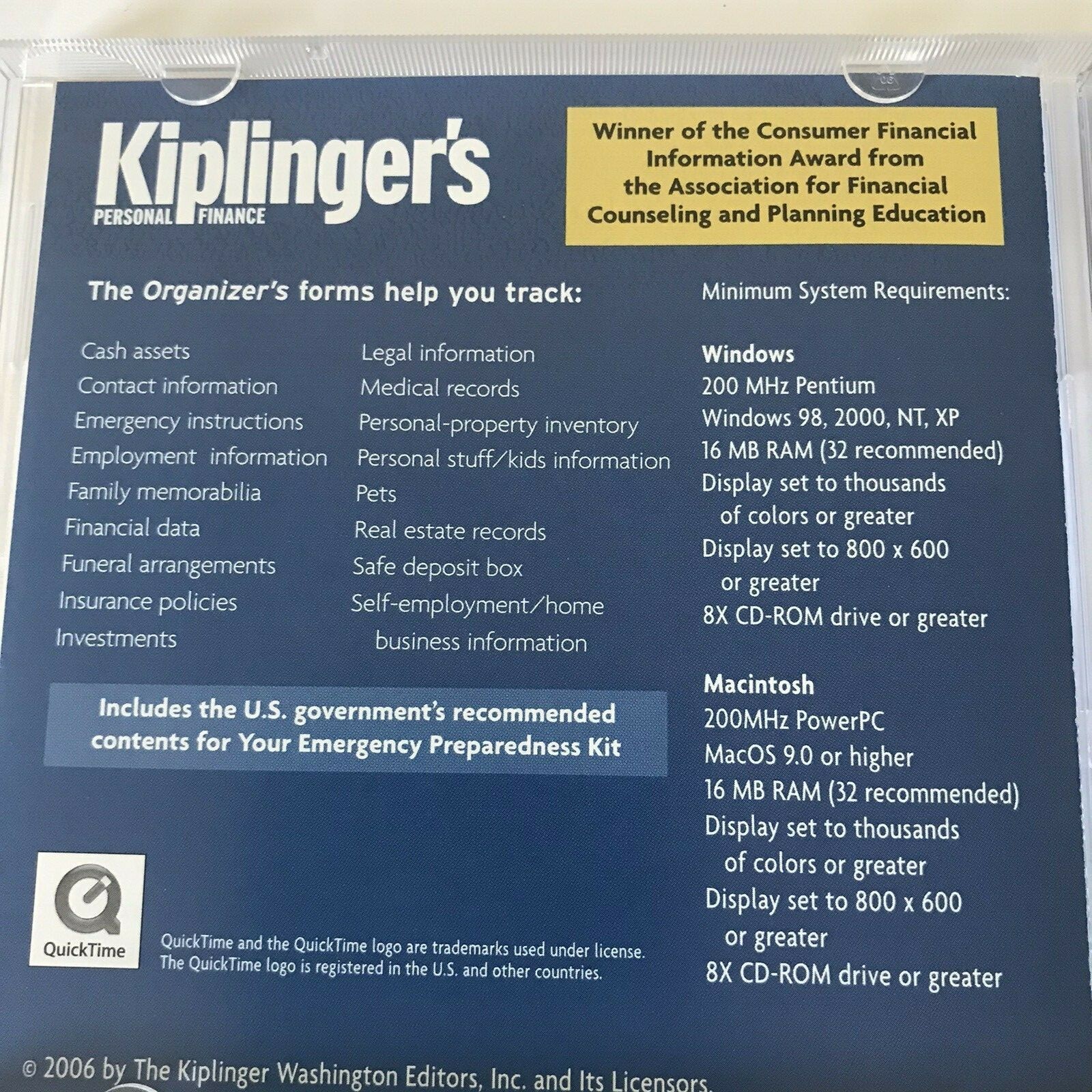 Kiplinger’s Personal Finance Your Family Records Organizer CD ROM WIN/MAC 2006