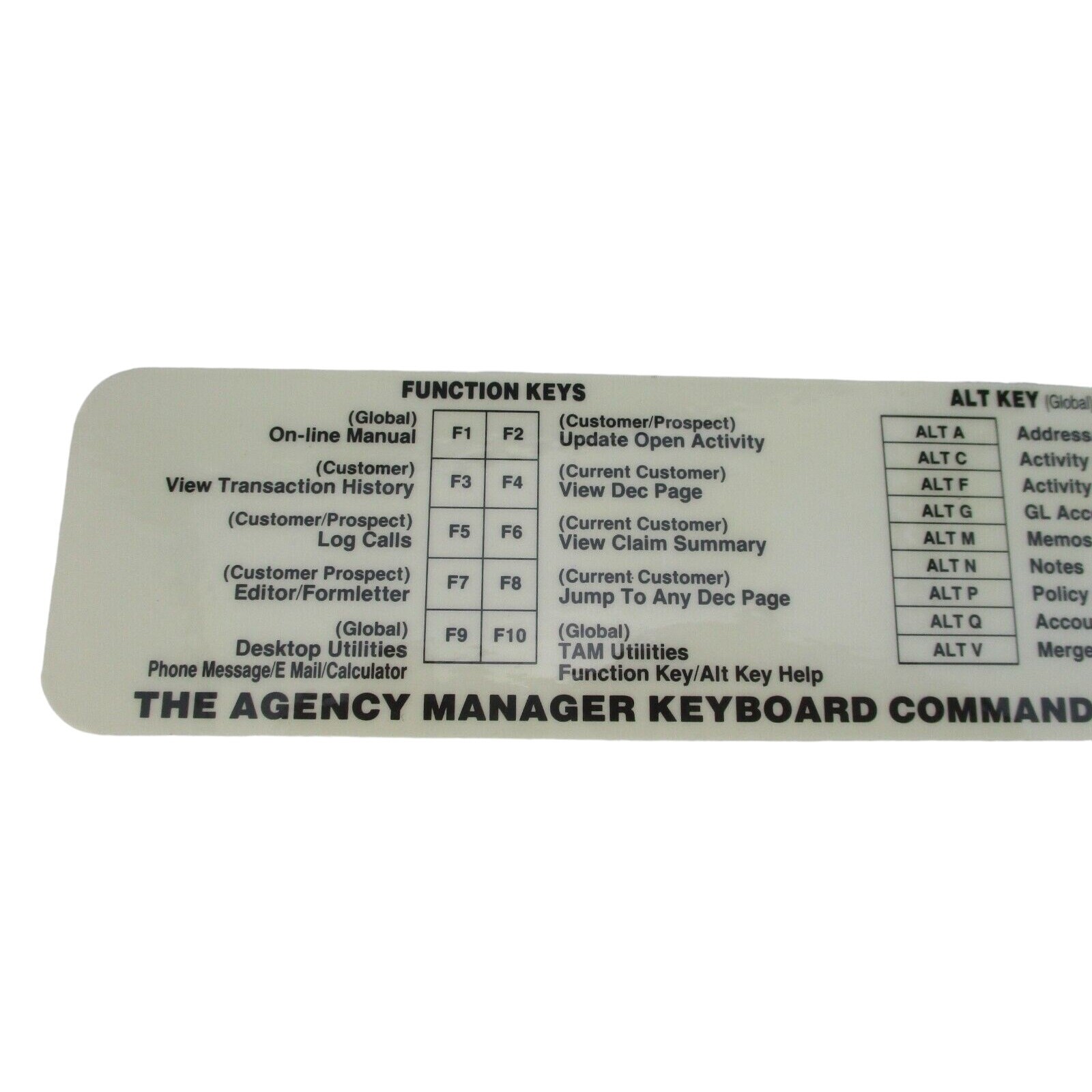 The Agency Manager Commands Quick Key Template from DOS, C:TAM