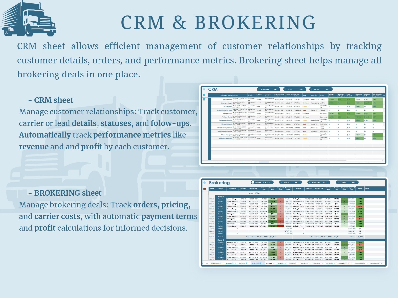 All-in-One Trucking Management Google Spreadsheet for Trucking B/In, Dispatchers