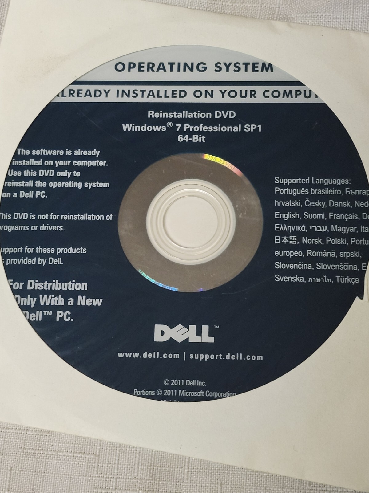 NEW Dell Reinstallation DVD Windows 7 Professional SP1 64-Bit Part No. 0KJX6D
