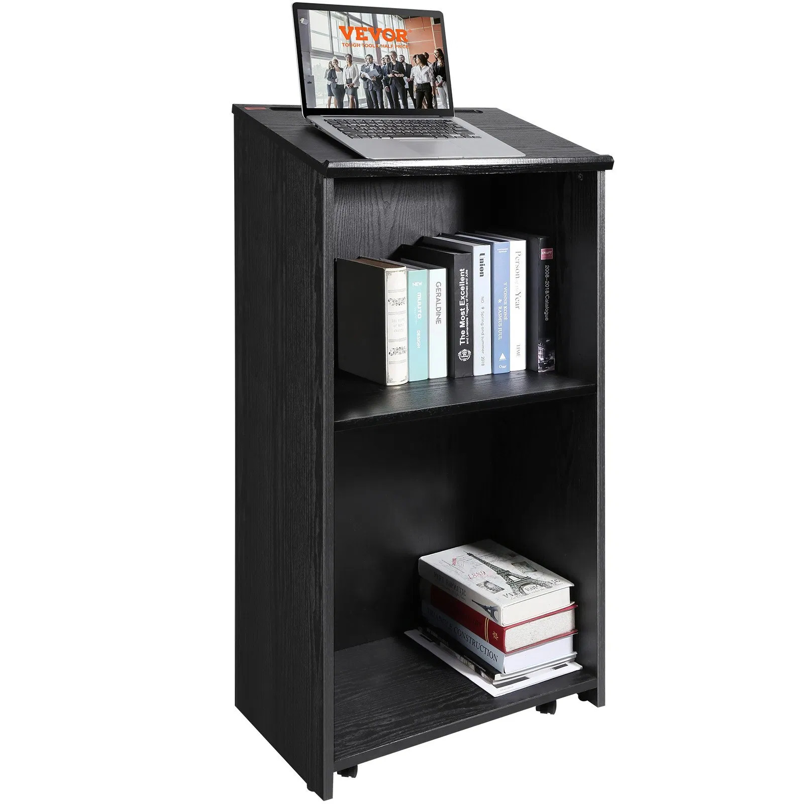 Podium Stand, 47 in Hostess Stand with 4 Rolling Wheels, Wood Podium with Storag