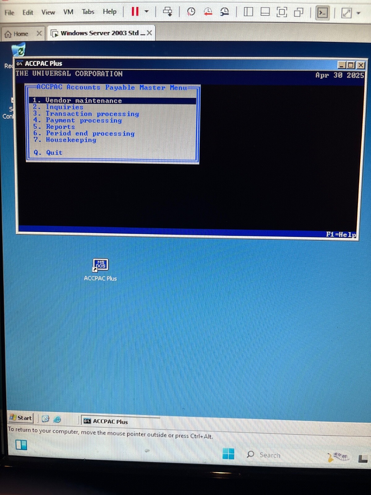 VM of functional unlocked Accpac Plus Accounting System. SM6.1 + modules