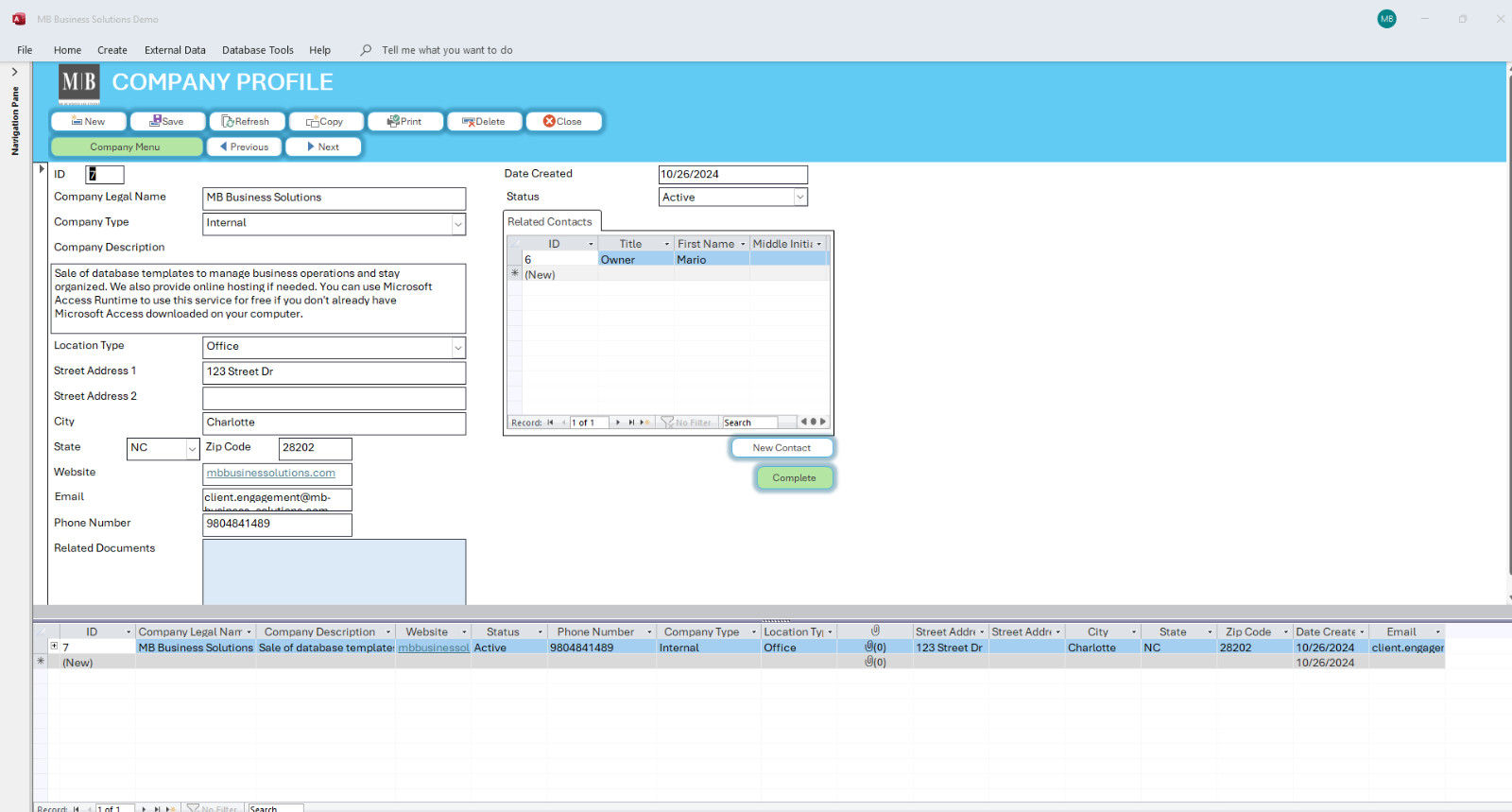 Contact form templates with database services