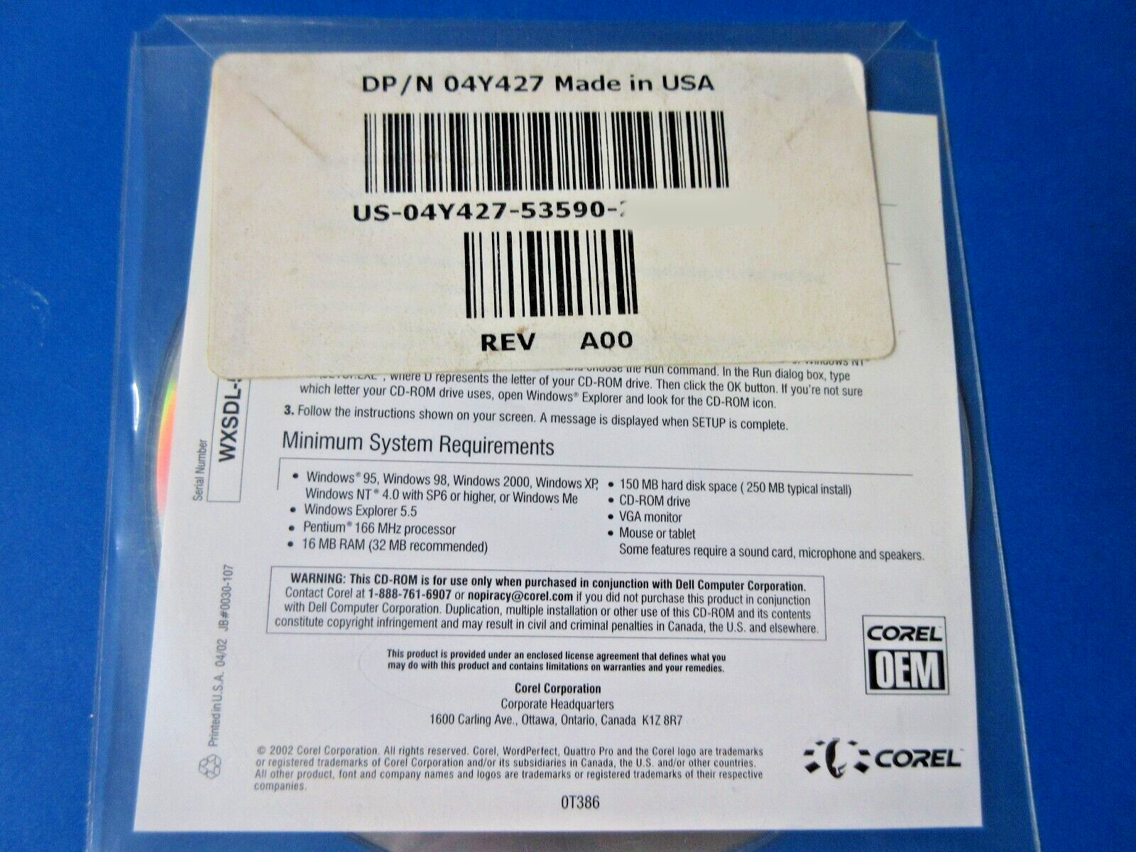 WordPerfect 2002 Productivity Pack CD-ROM, Corel OEM NEW & SEALED Software