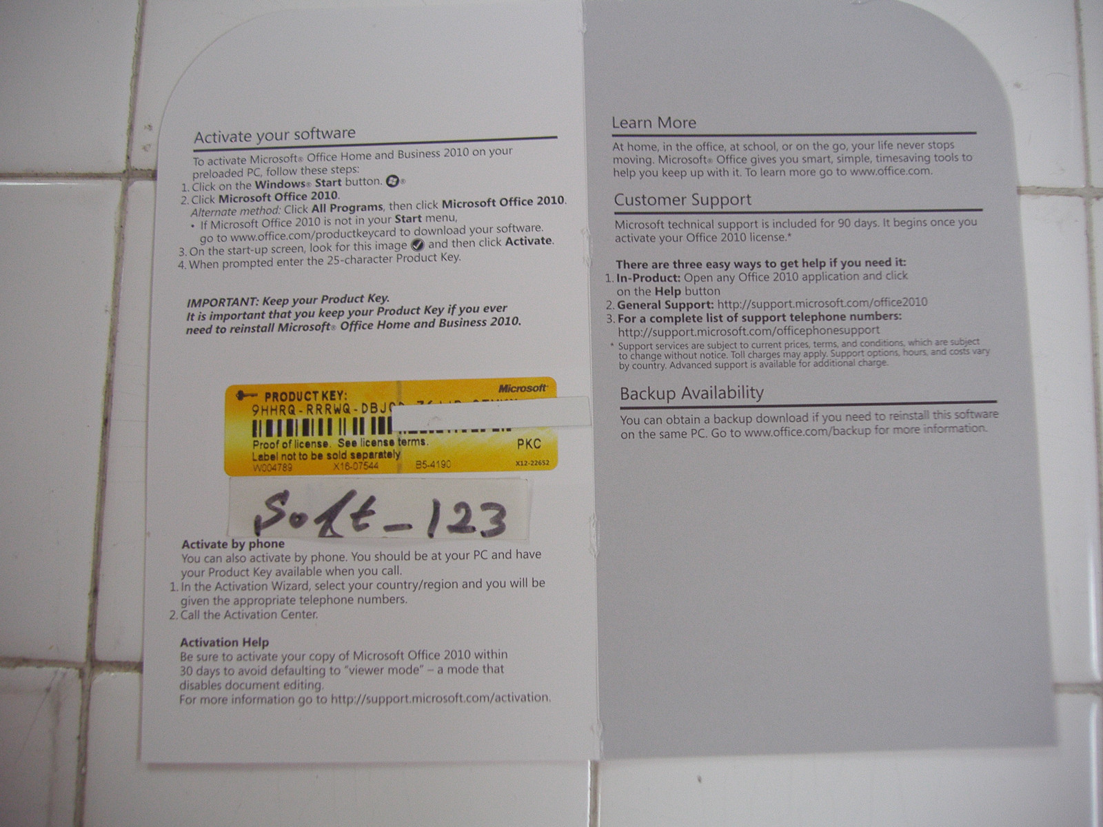 MS Microsoft Office 2010 Home and Business Product Key Card (PKC)