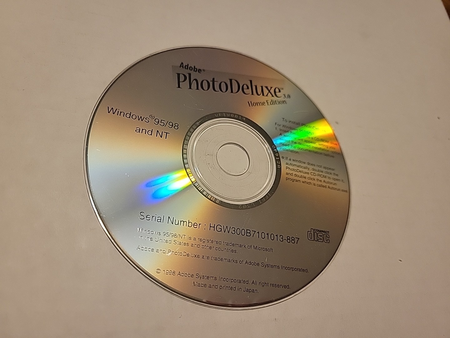 Vintage 1998 Adobe Photo Deluxe Home Edition 3.0 – Windows 95/98 & NT Loose Disc
