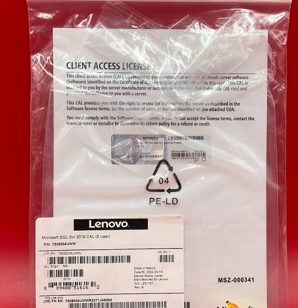 Lenovo Microsoft SQL Server 2019 5 users 7S05004UWW NEW