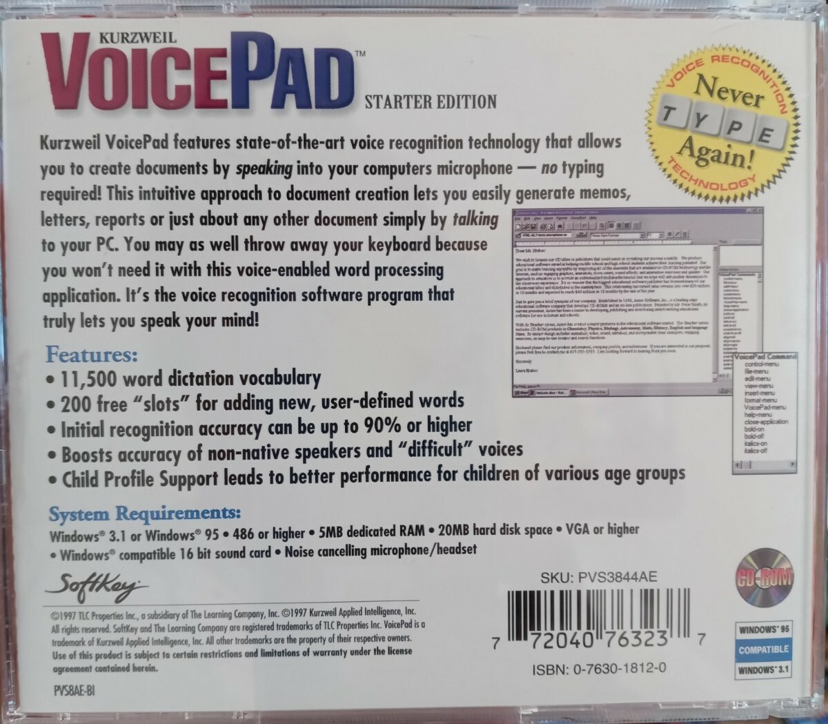 Kurzweil Voice Pad Starter Ed PC CD-ROM Windows 3.1 / 95 TLC 1997 Vision Impair
