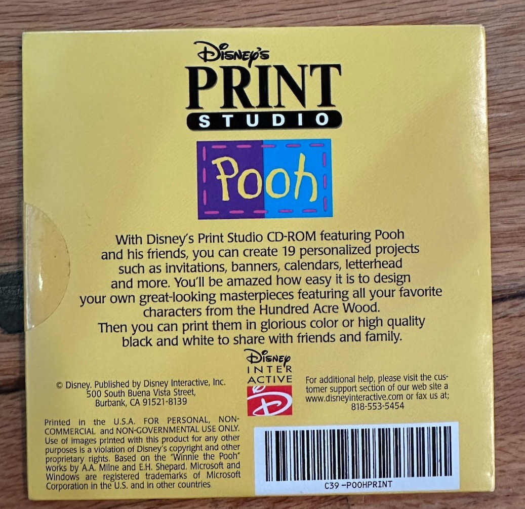 Disney Winnie the Pooh Print Studio CD-Rom Brand New Unopened