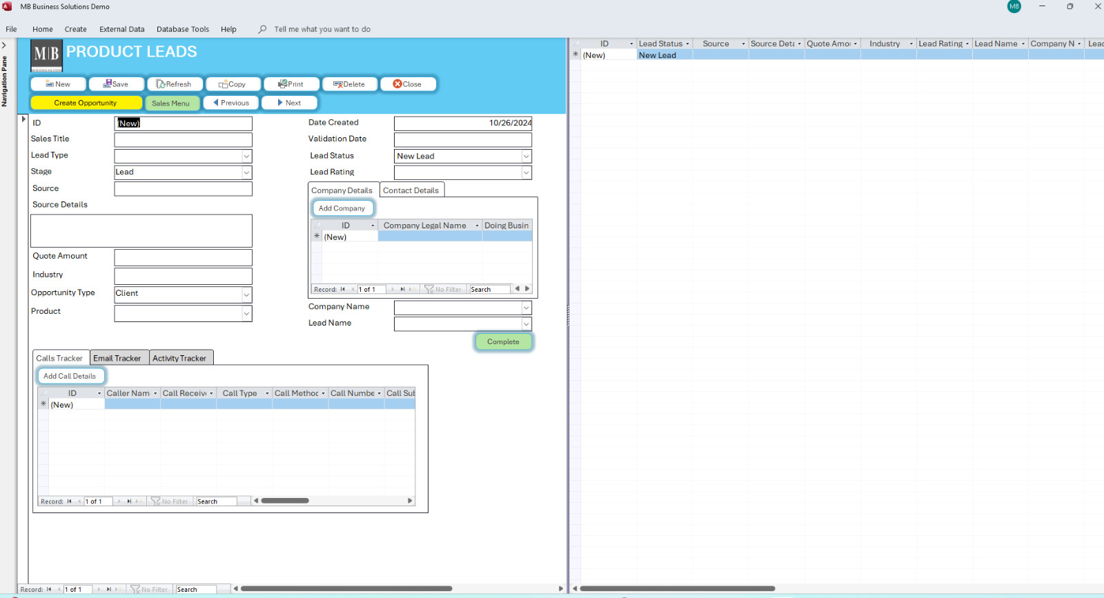 Sales form templates with database services