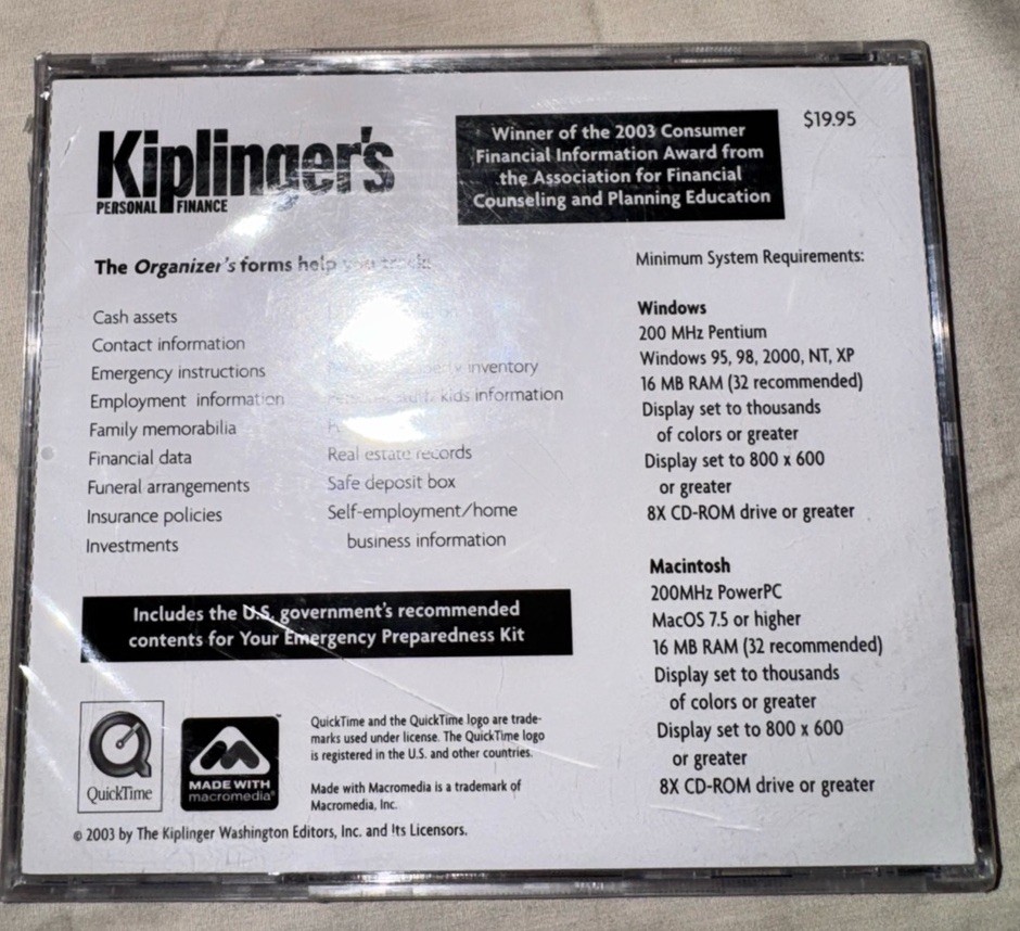 Kiplinger’s Your Family Records Organizer CD-ROM Sealed Personal Finance