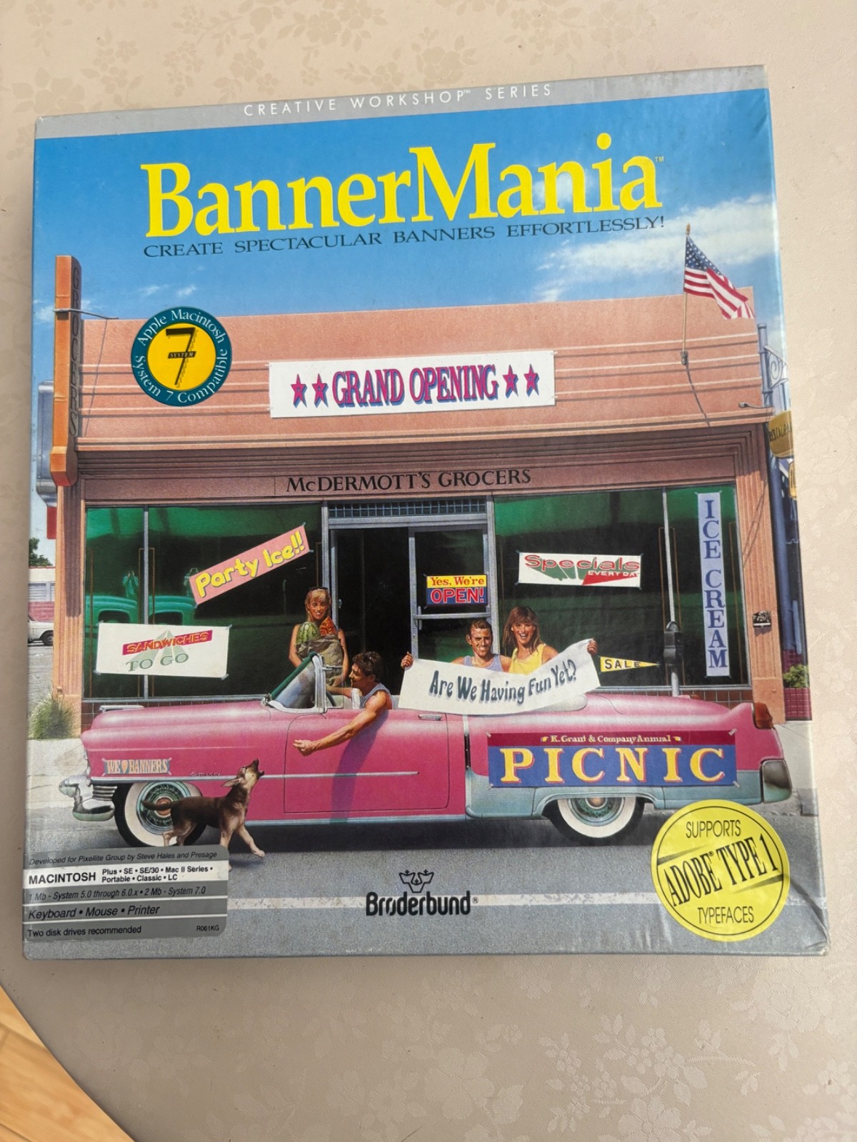 1990 BRODERBUND BANNER MANIA APPLE MACINTOSH SYSTEM 7 SOFTWARE ADOBE TYPE 1