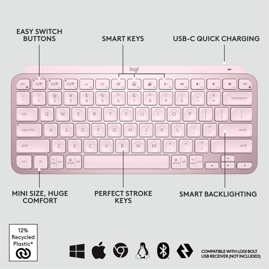 Logitech MX Keys Mini Compact Wireless Illuminated Keyboard Rose