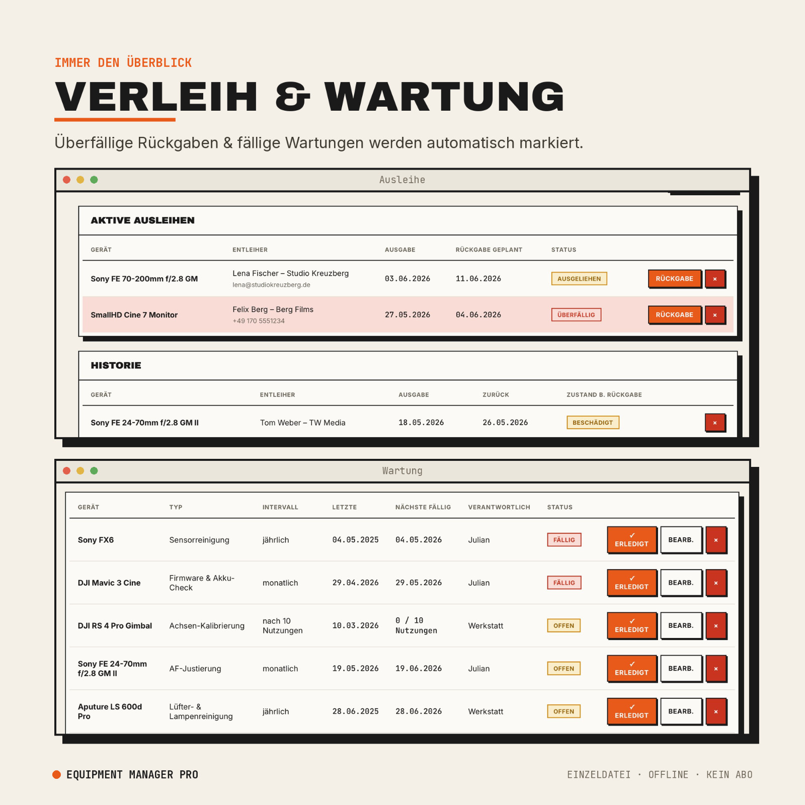 Equipment Manager Pro (English) | Inventory, Rental, Labels, Maintenance & Repair