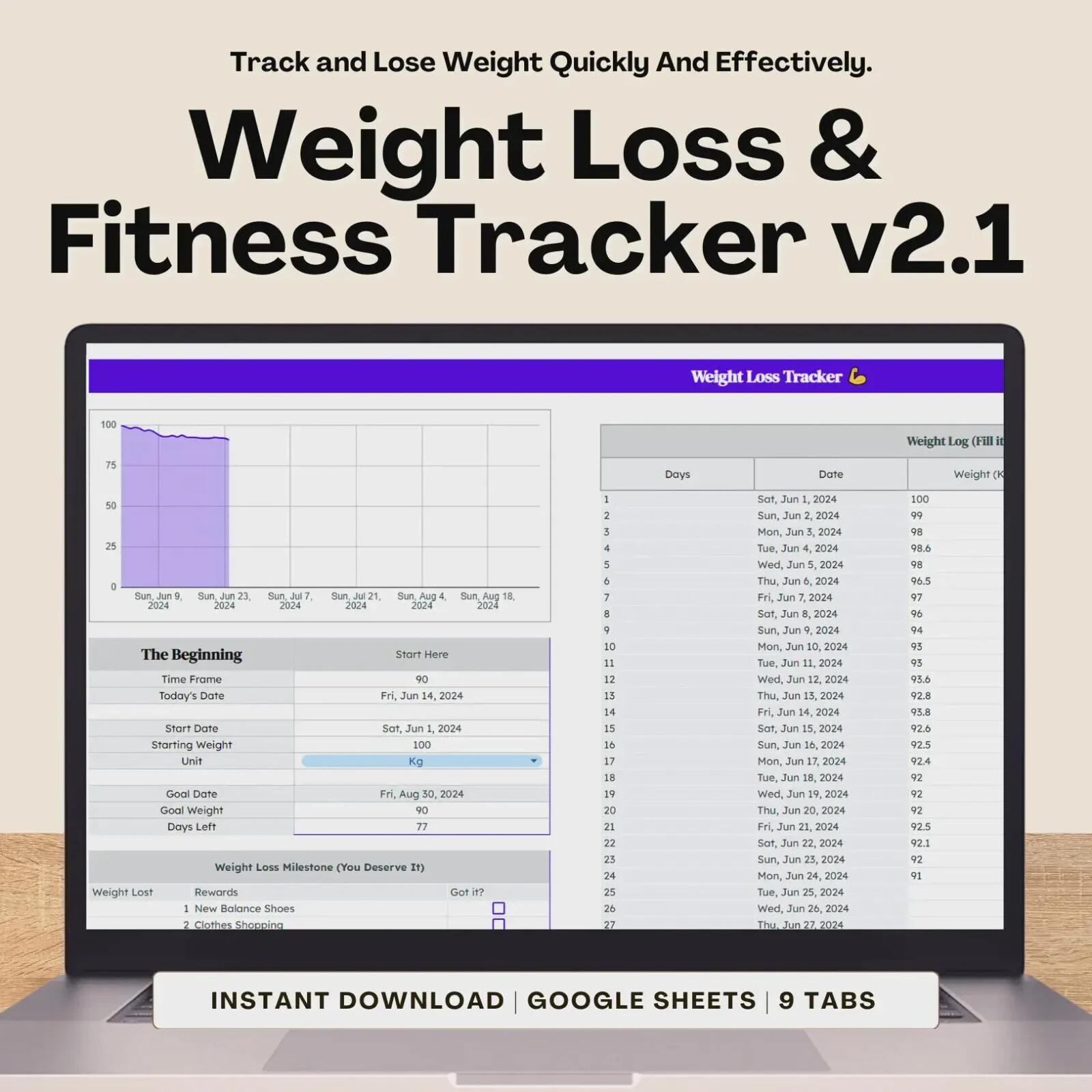 Weight Loss & Fitness Tracker Spreadsheet for Google Sheets, Meal Planner