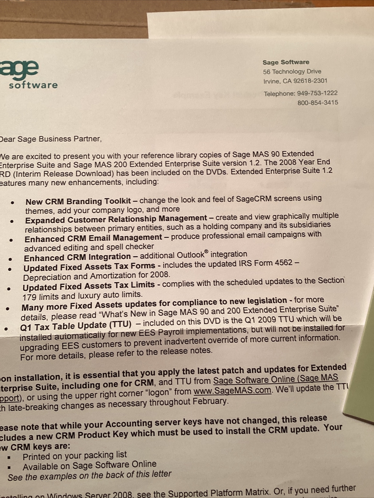 BRAND NEW Sage MAS90 MAS200 Extended Enterprise Suite. DVDs. Sage CRM KEYS