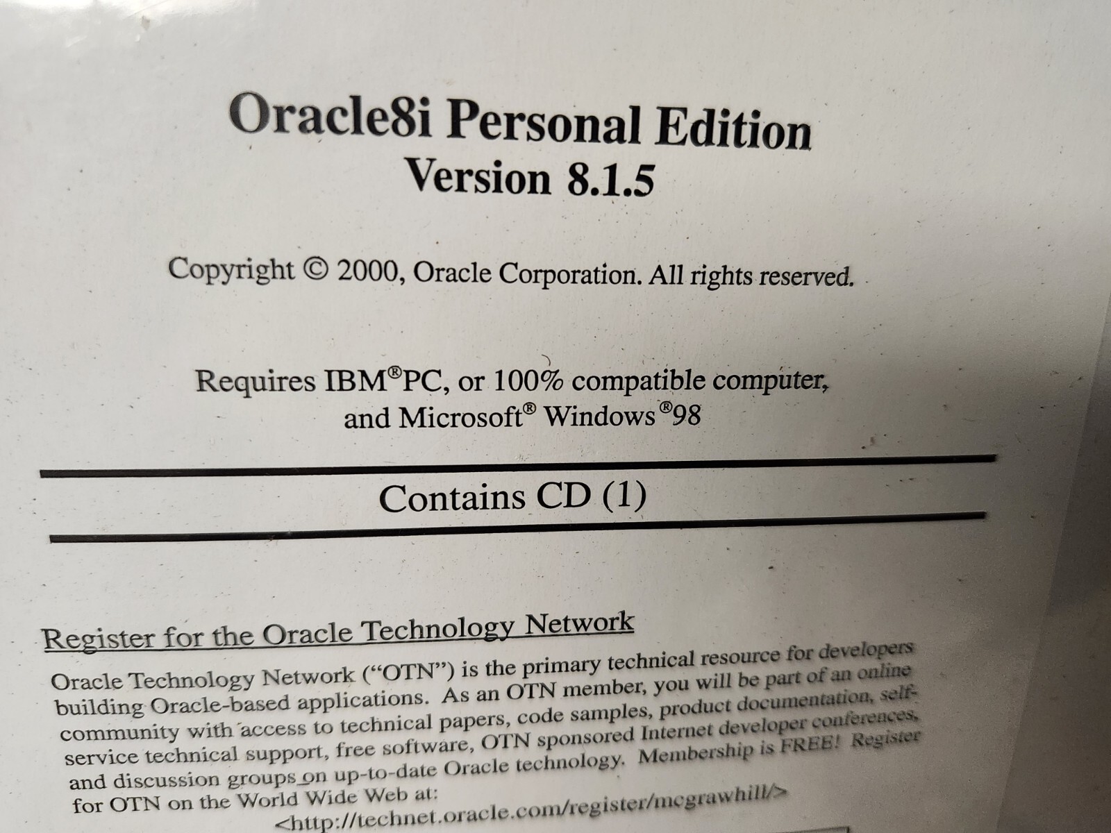 ORACLE8i PERSONAL EDITION VERSION 8.1.5 NEW SEALED ISBN 0072436905 WINDOWS 98