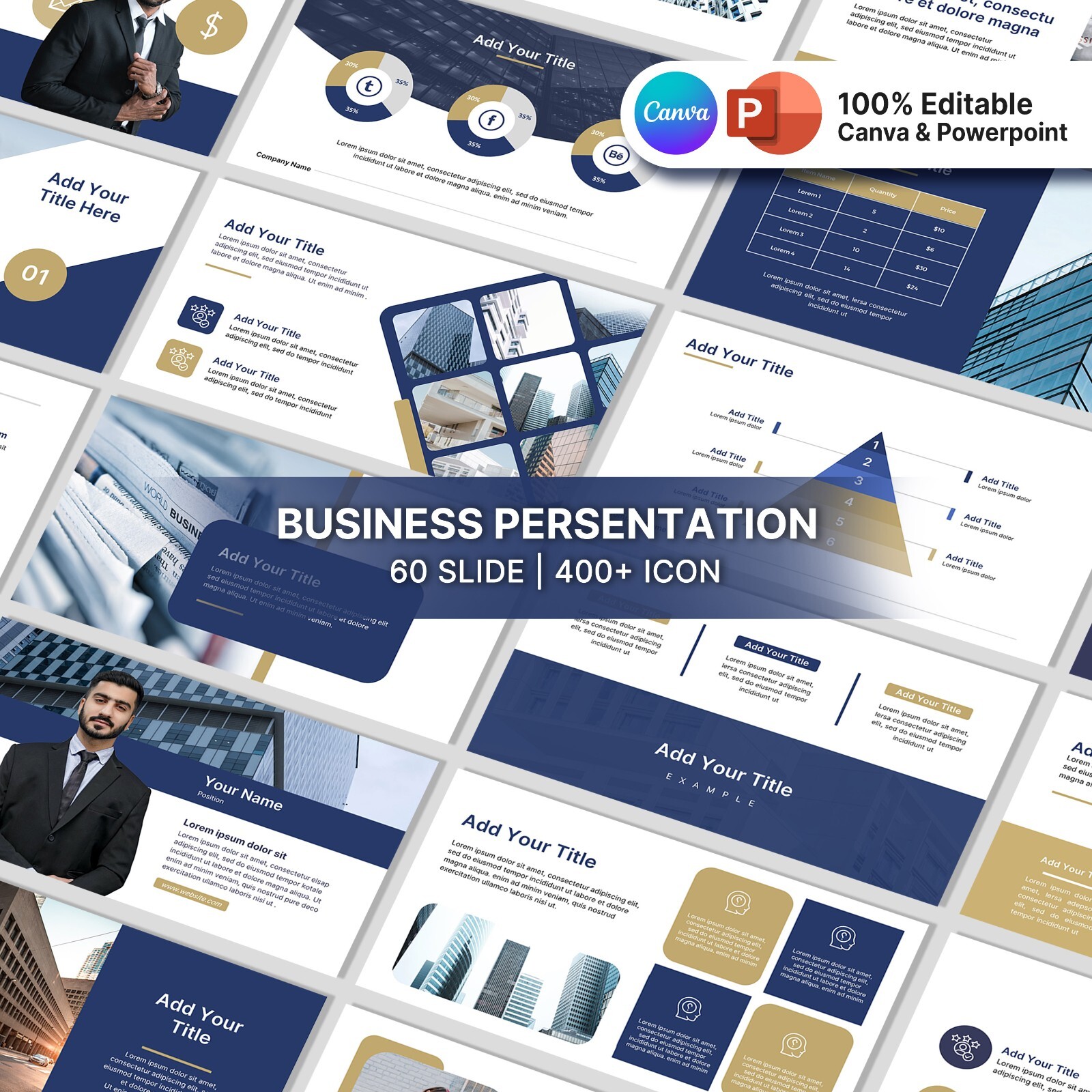 Blue and Gold PowerPoint Template – Minimalist Business Slide Deck