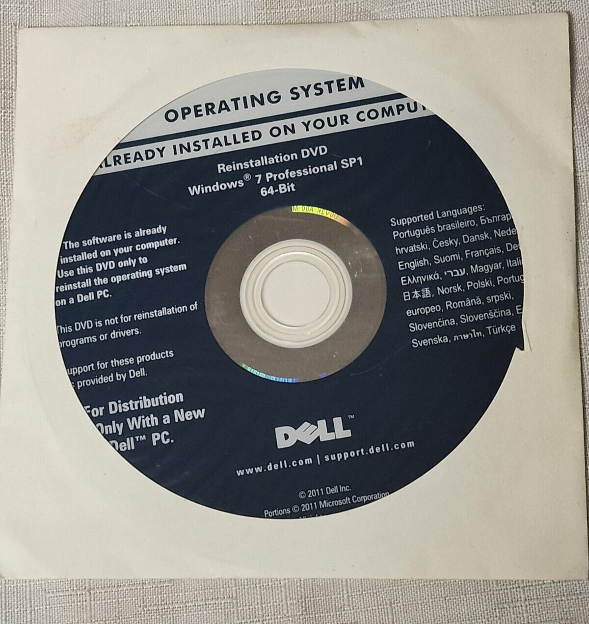NEW Dell Reinstallation DVD Windows 7 Professional SP1 64-Bit Part No. 0KJX6D