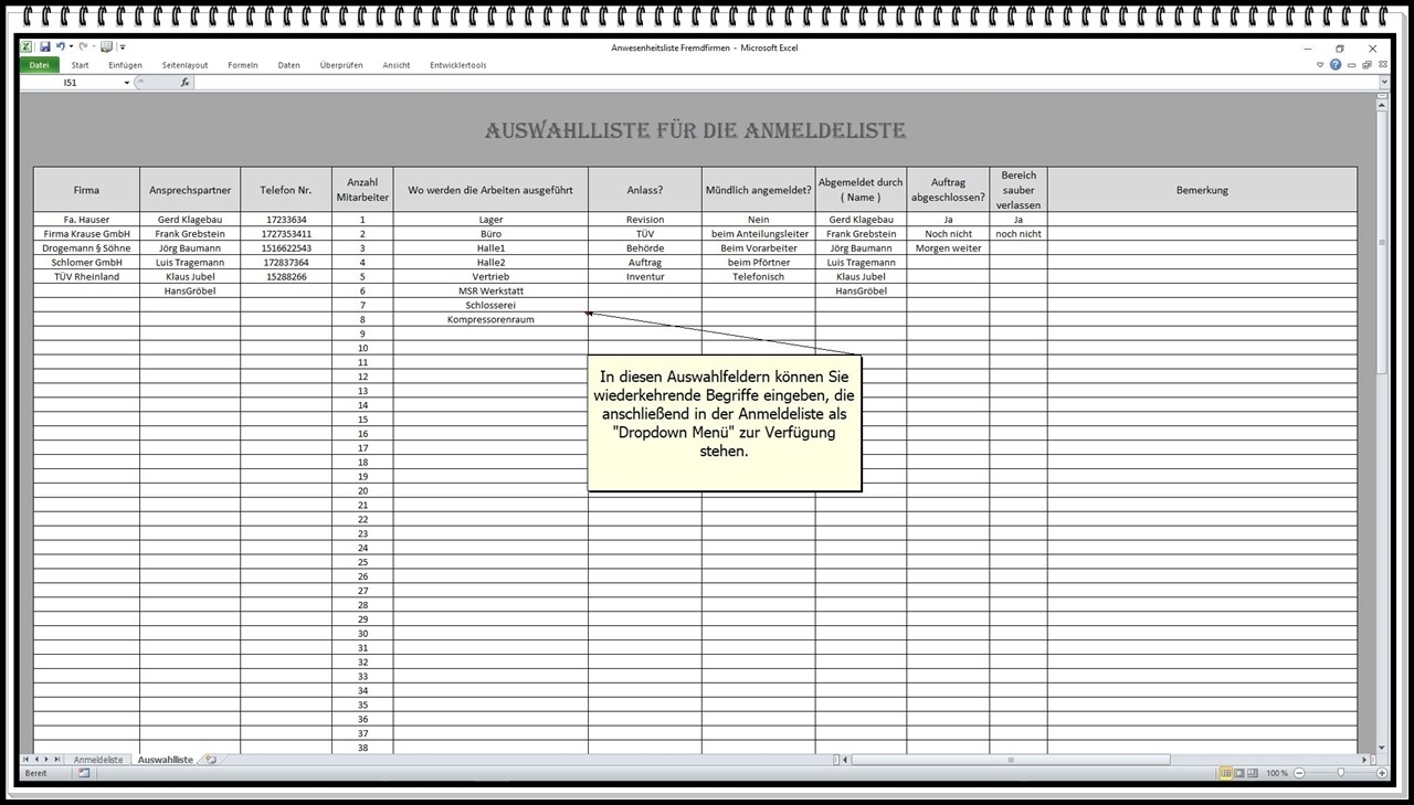 Anwesenheit am Arbeitsplatz feststellen erfassen Anwesenheitsliste App Excel