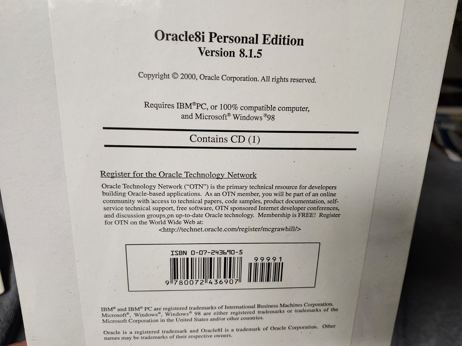 ORACLE8i PERSONAL EDITION VERSION 8.1.5 NEW SEALED ISBN 0072436905 WINDOWS 98