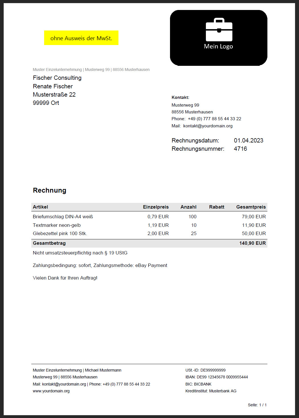 Rechnungsprogramm PDF Rechnung erstellen auch §19 Kleinunternehmer – kein Excel