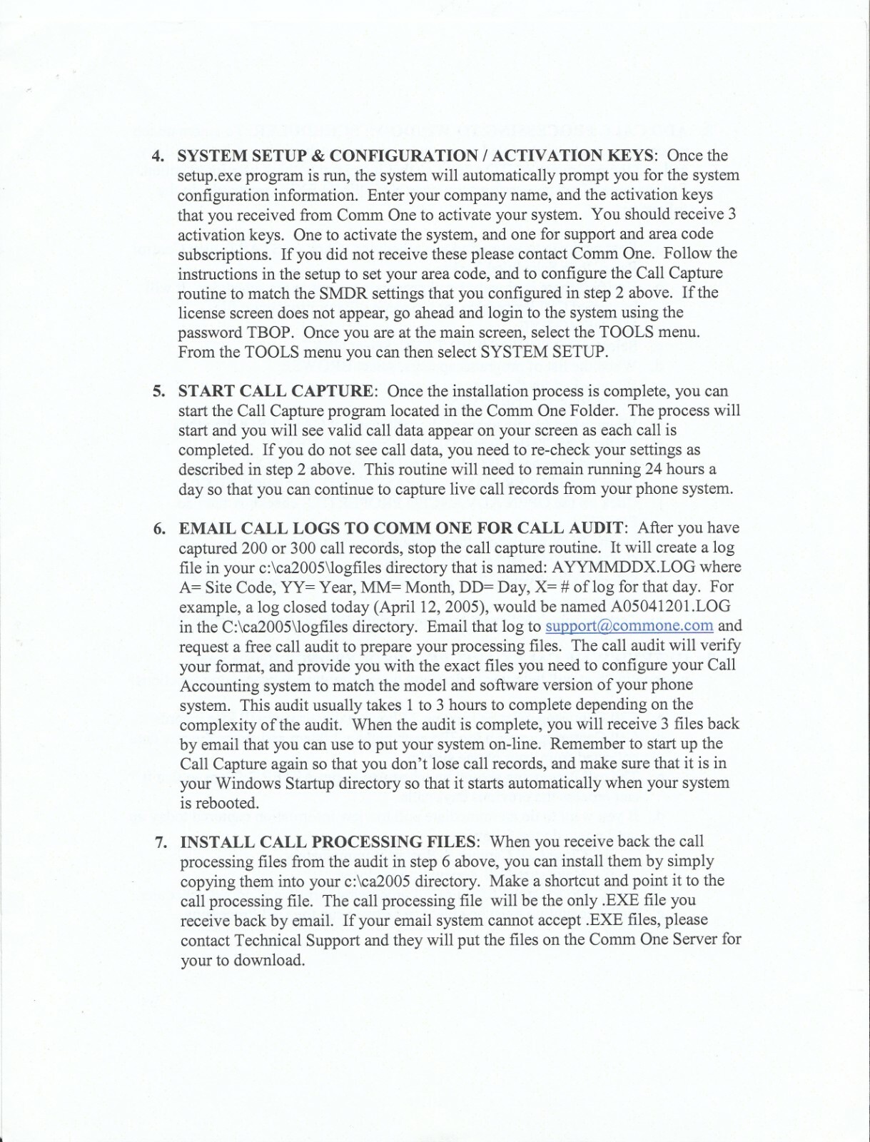 Comm One PBX CDR CALL DETAIL RECORD SMDR SOFTWARE 2005 VERSION