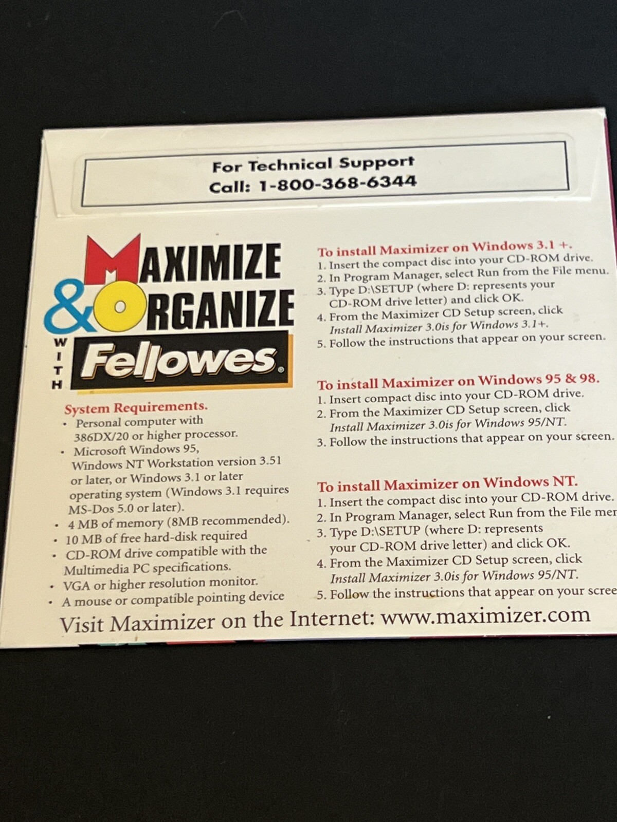 Maximize & Organize With Fellowes 3.0 – Windows 95, 98,NT, 3.0+. Software CD.