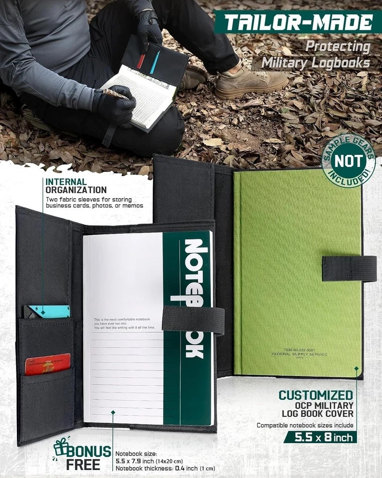 Tactical Book Cover for 5.5 x 8 Military Log Book, Green 5.7Kx8.7 IN Black