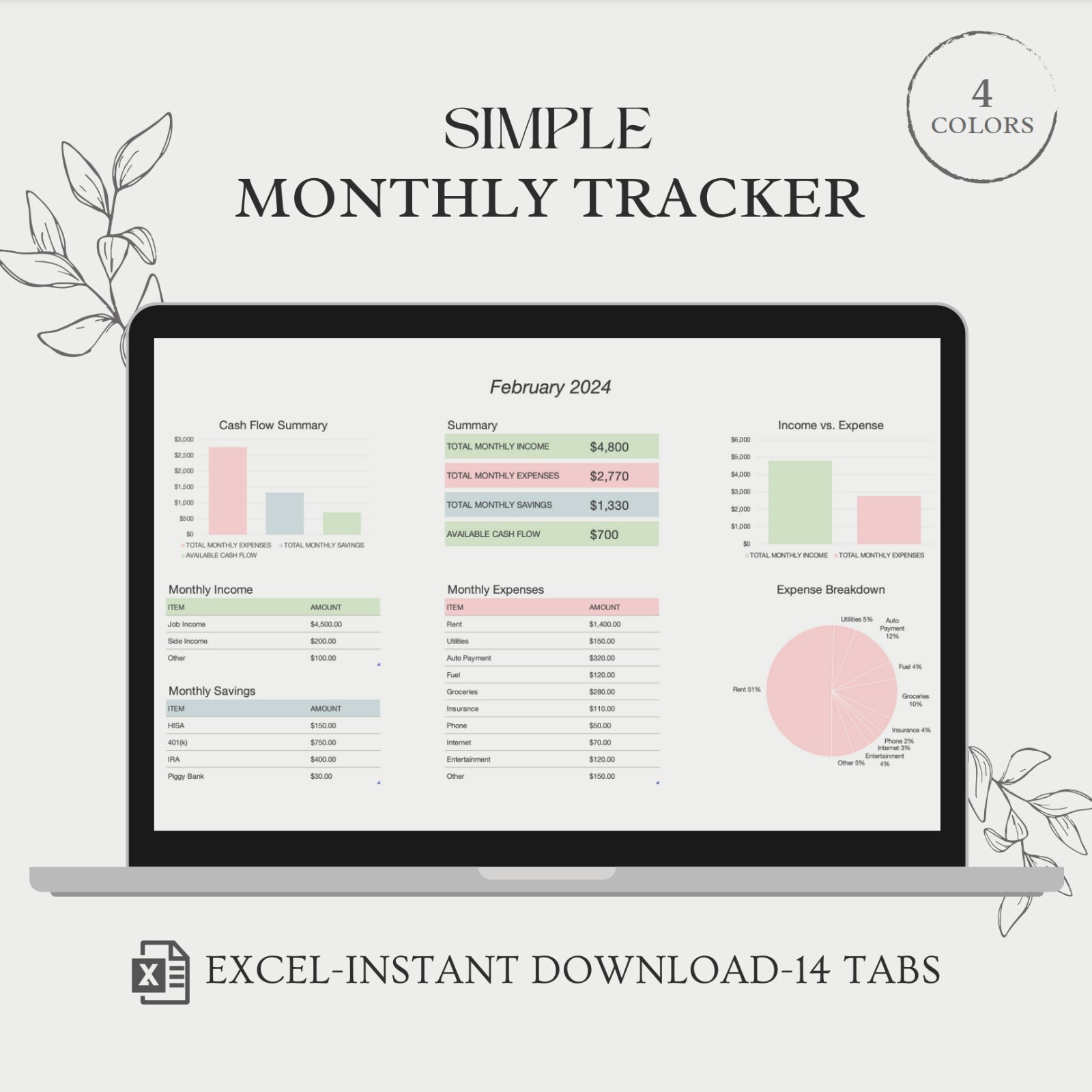 Excel Monthly Personal Finance Tracker Planner Clean Simple Easy