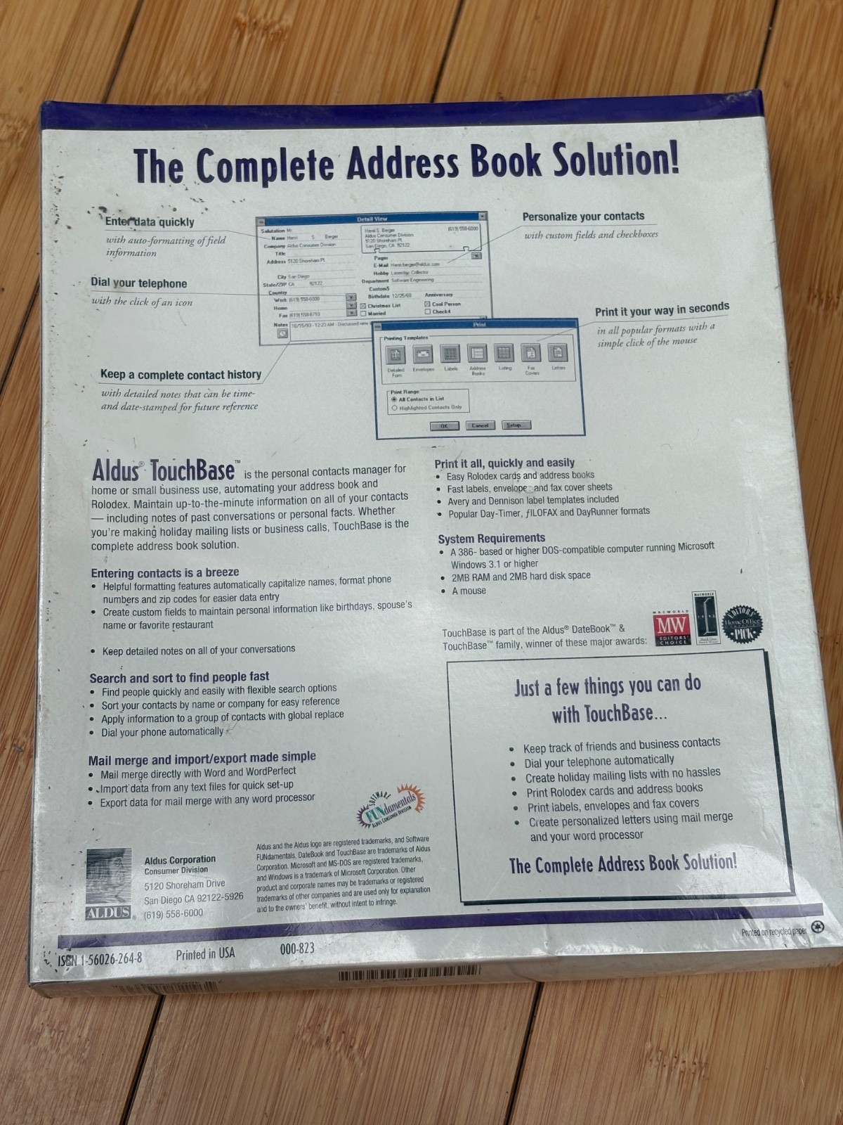 ALDUS TOUCH BASE MICROSOFT WINDOWS WORD OR WORD PERFECT NEW IN SEALED BOX