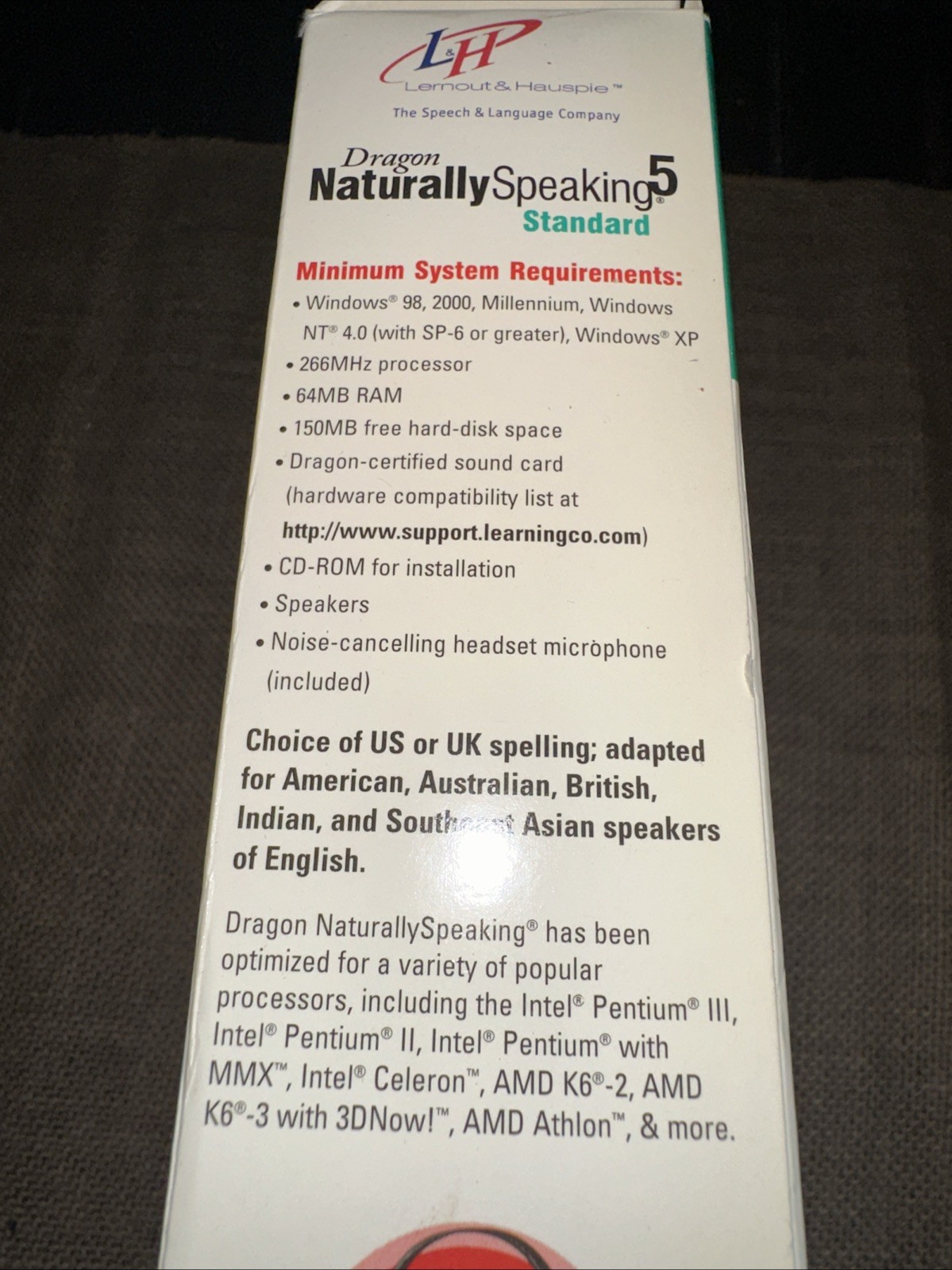 DRAGON NATURALLY SPEAKING 5 SPEECH RECOGNITION SOFTWARE FOR WINDOWS 98