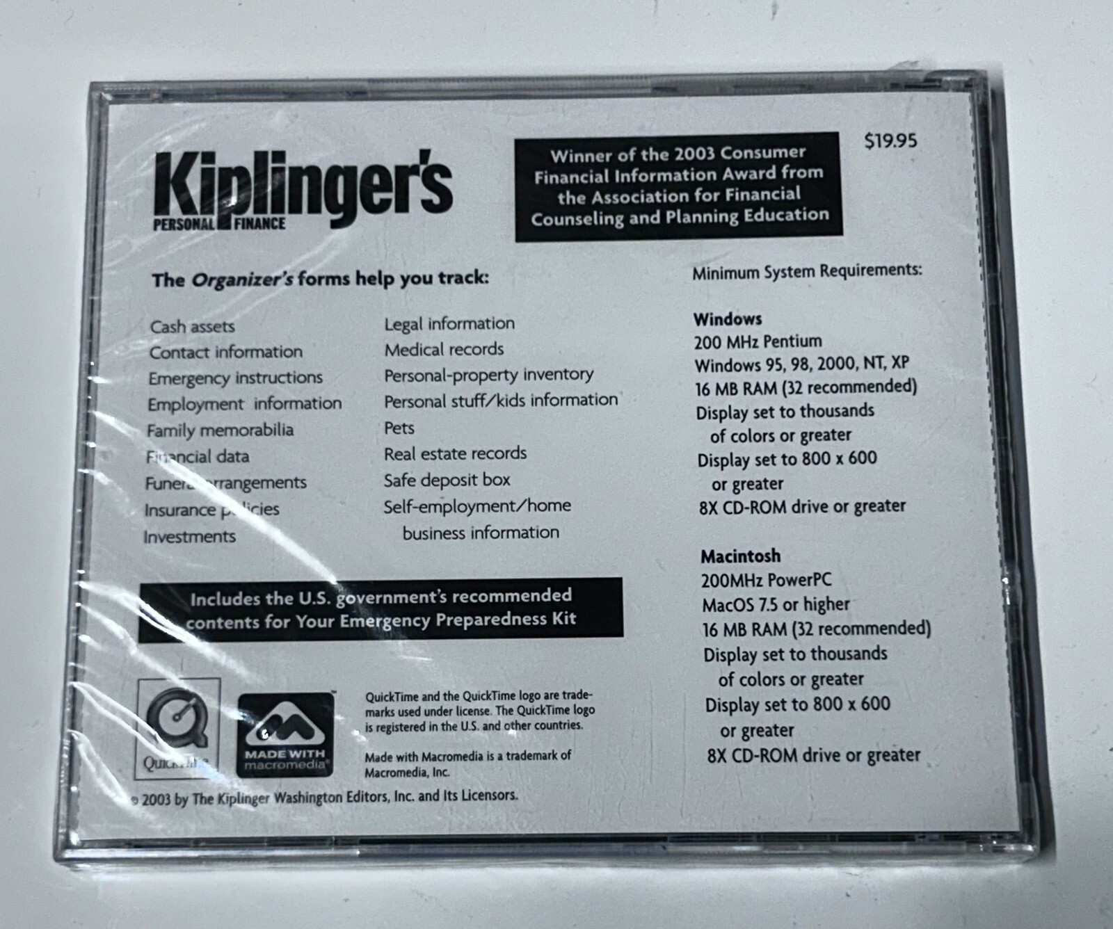 Your Family Records Organizer 2003 Kiplinger’s Personal Finance CD New Sealed